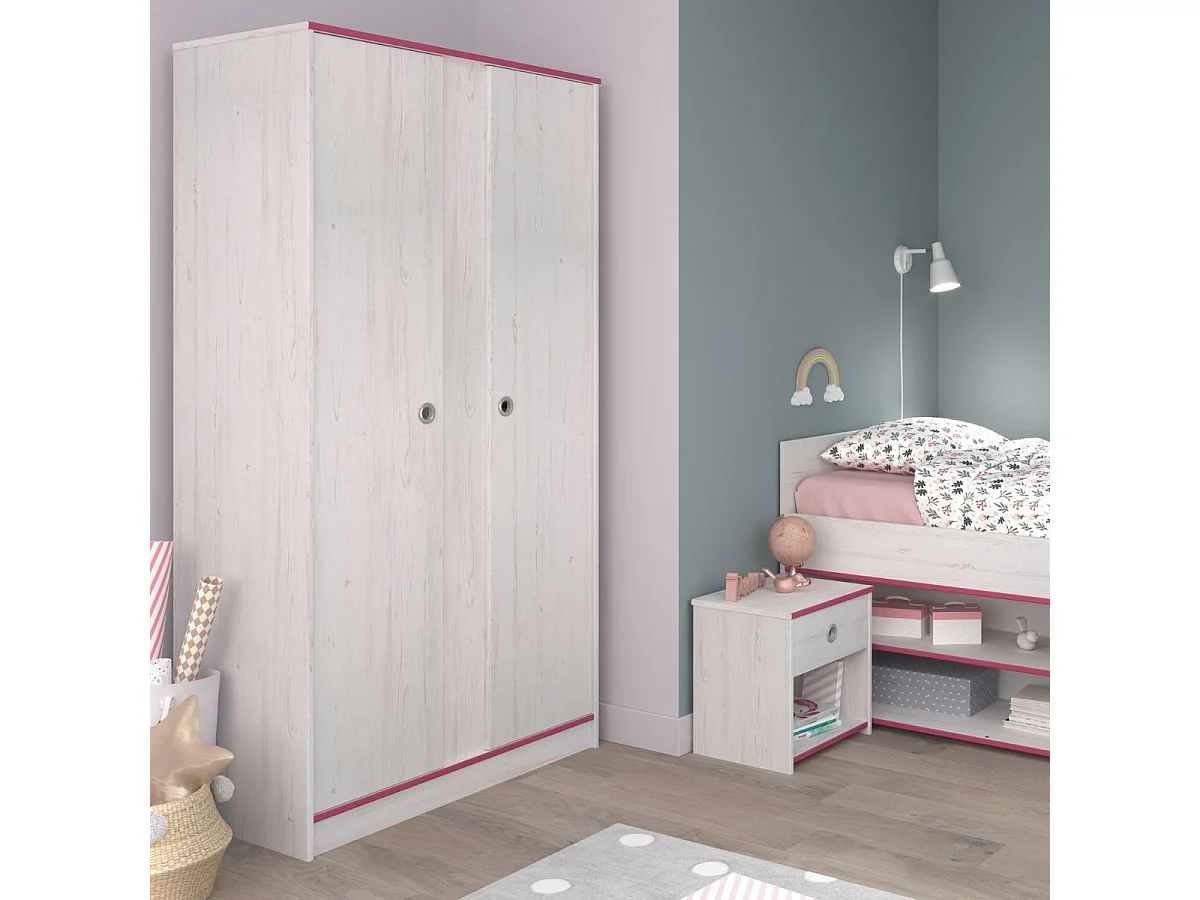 Armoire 2 portes aspect bois blanchi avec chants roses en façade - MISYLIA