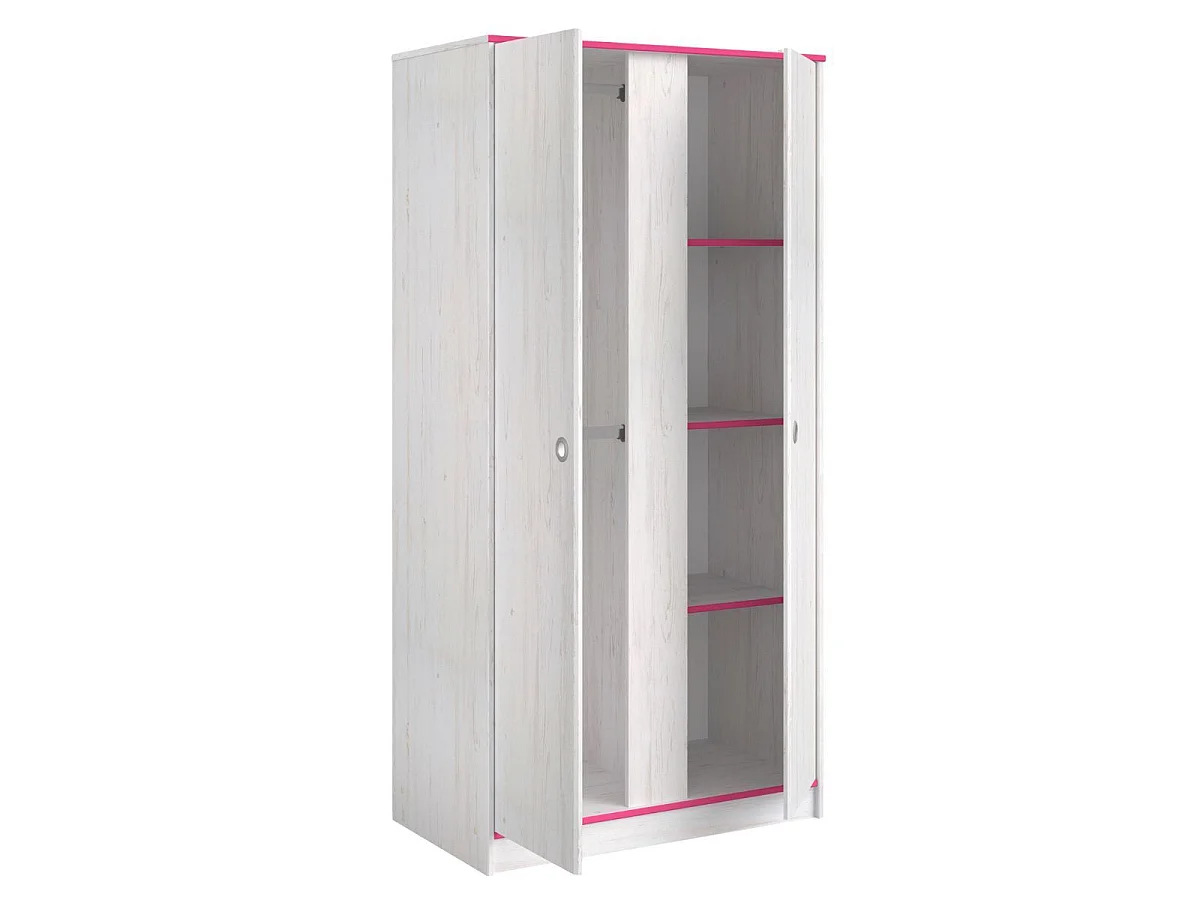 Armoire 2 portes aspect bois blanchi avec chants roses en façade - MISYLIA