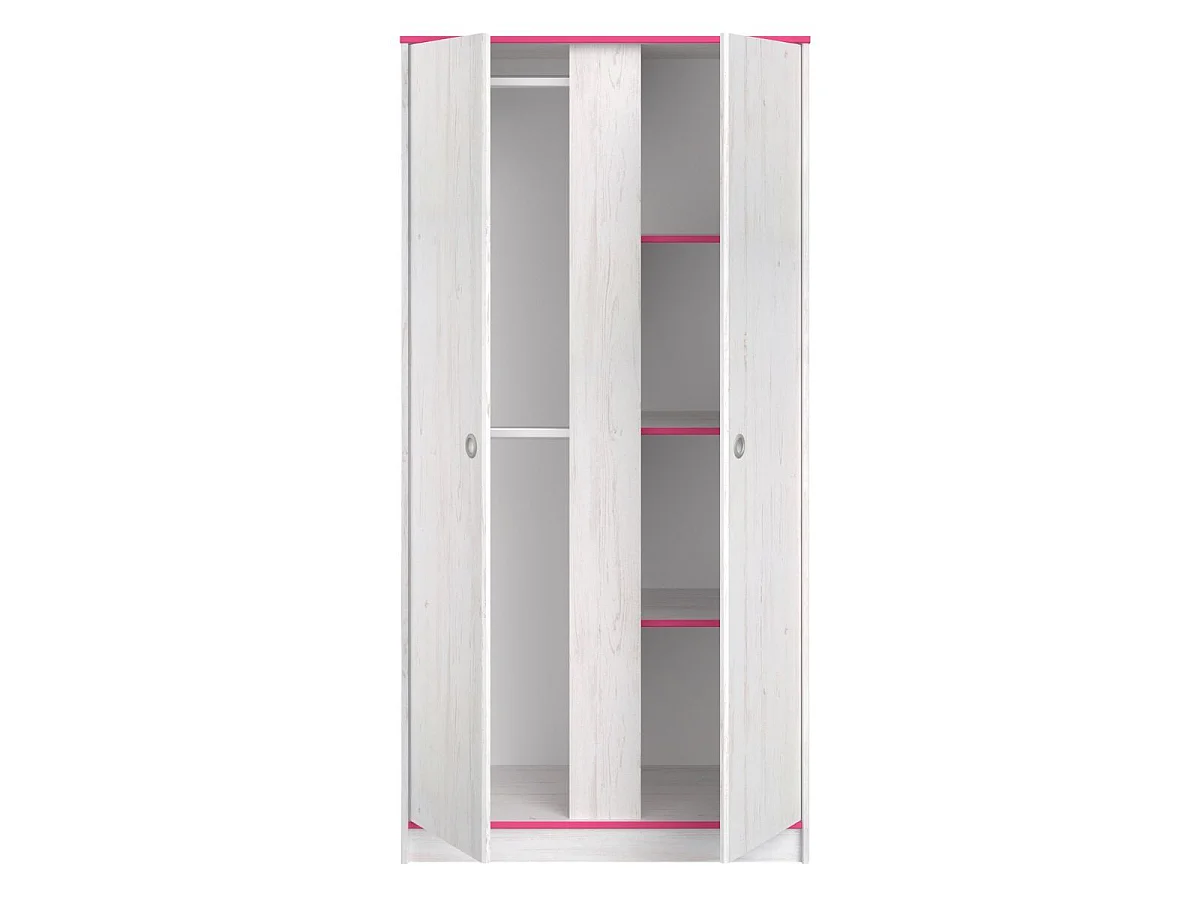 Armoire 2 portes aspect bois blanchi avec chants roses en façade - MISYLIA