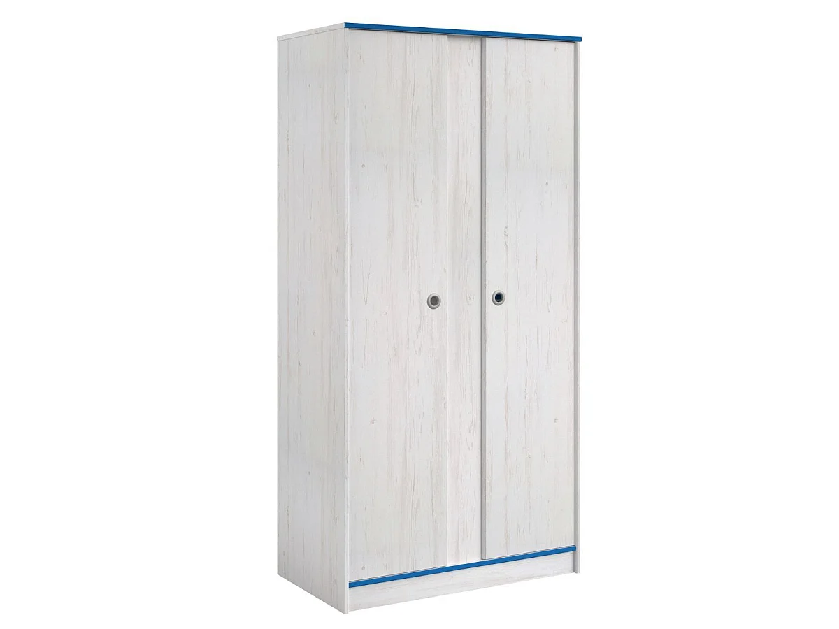 Armoire 2 portes aspect bois blanchi avec chants bleus en façade - MISYLIA