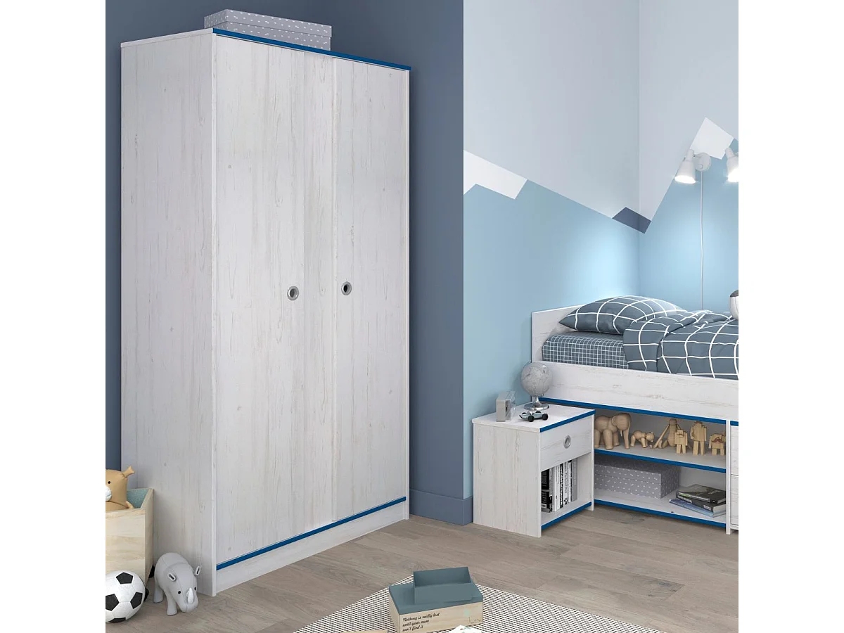 Armoire 2 portes aspect bois blanchi avec chants bleus en façade - MISYLIA