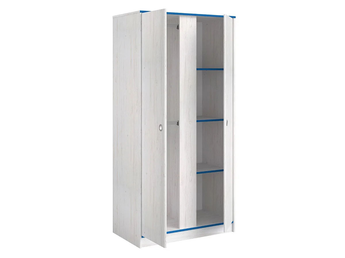 Armoire 2 portes aspect bois blanchi avec chants bleus en façade - MISYLIA