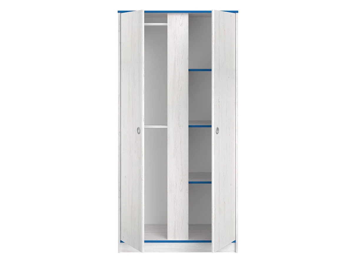 Armoire 2 portes aspect bois blanchi avec chants bleus en façade - MISYLIA