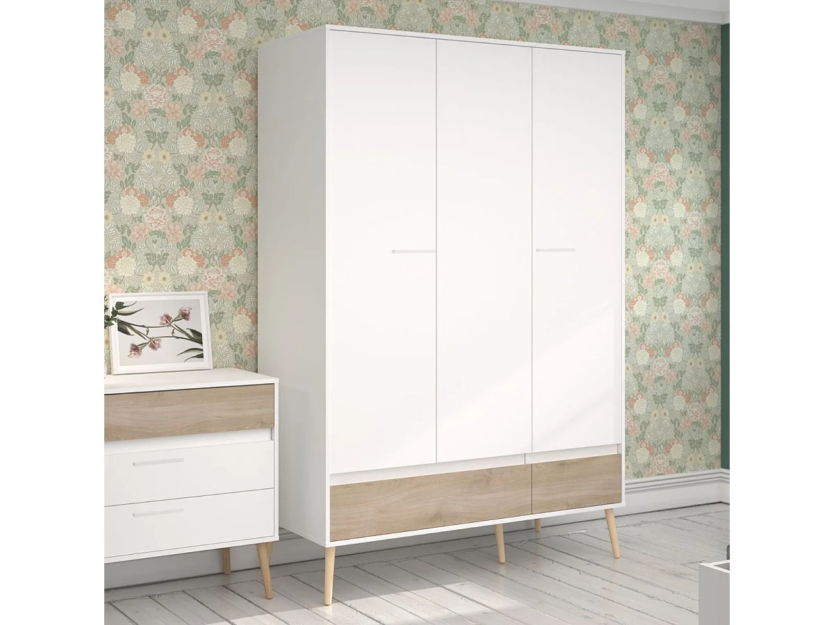 Armoire 3 portes blanche et 1 tiroir avec façade finition aspect bois - BORGALL