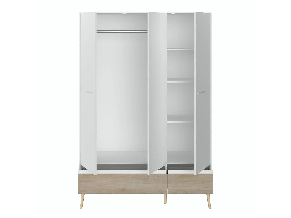 Armoire 3 portes blanche et 1 tiroir avec façade finition aspect bois - BORGALL
