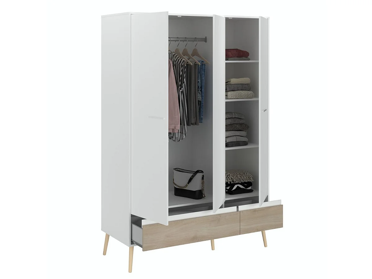 Armoire 3 portes blanche et 1 tiroir avec façade finition aspect bois - BORGALL