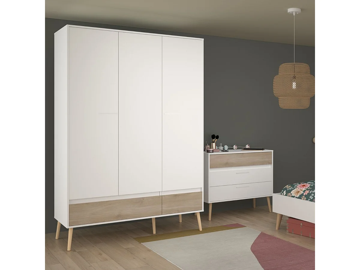 Armoire 3 portes blanche et 1 tiroir avec façade finition aspect bois - BORGALL