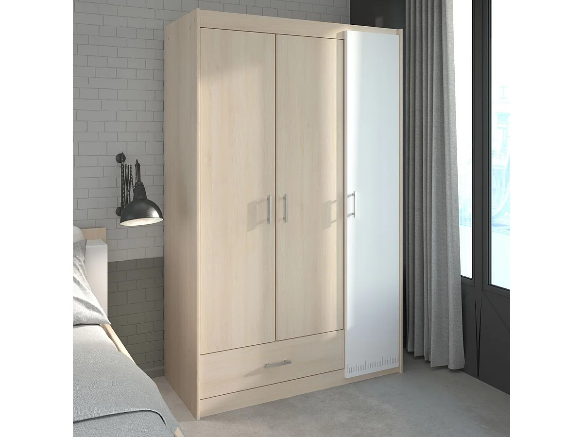 Armoire 3 portes 1 tiroir aspect bois avec 1 porte blanche sérigraphiée - CHARLINE