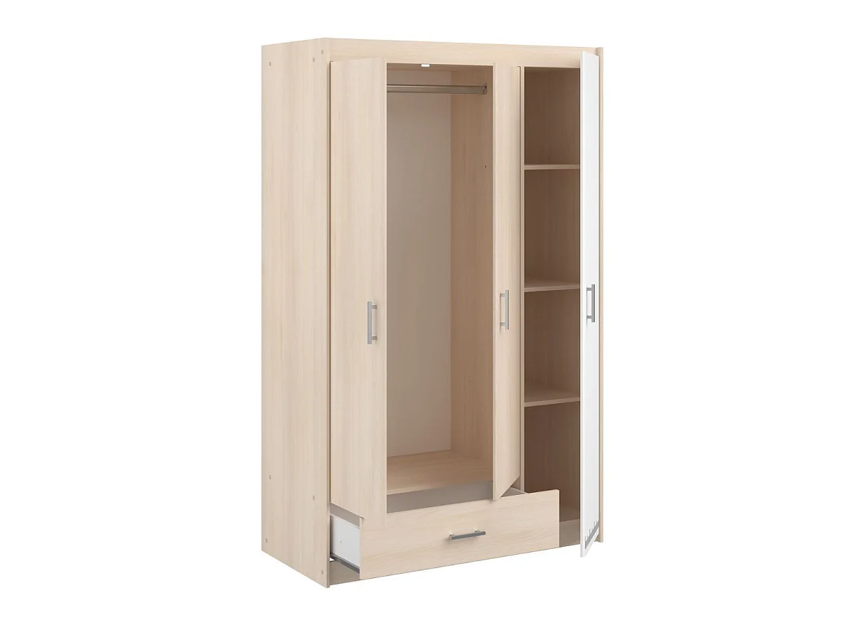 Armoire 3 portes 1 tiroir aspect bois avec 1 porte blanche sérigraphiée - CHARLINE