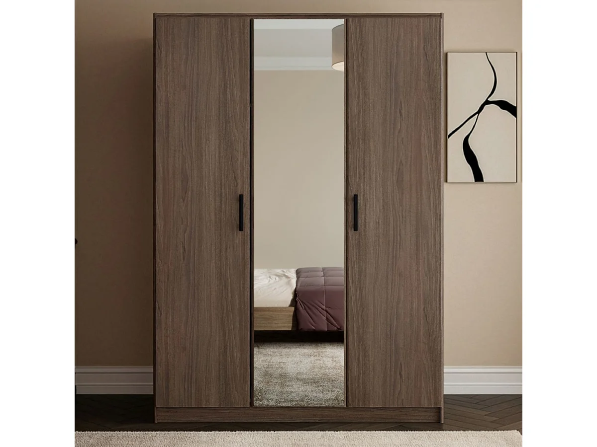 Armoire 3 portes avec 1 miroir central aspect bois teinté noyer - KASUAL