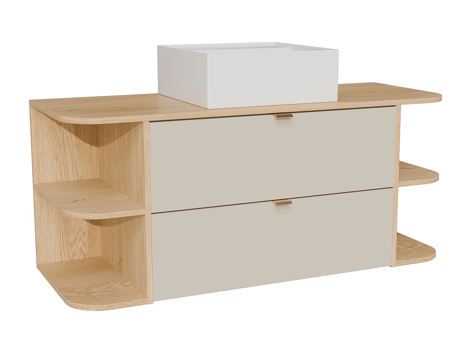 Meuble de salle de bain suspendu avec niches et vasque à poser carrée - Beige et naturel clair - 120 cm - LAVENA