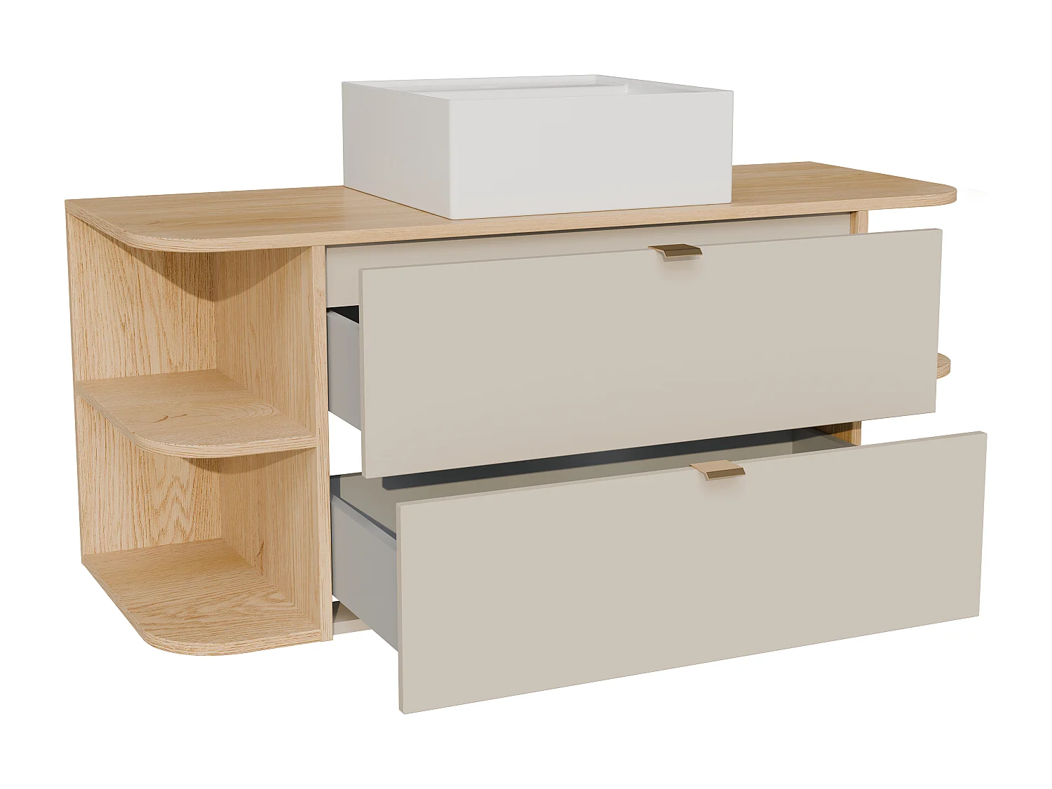 Meuble de salle de bain suspendu avec niches et vasque à poser carrée - Beige et naturel clair - 120 cm - LAVENA