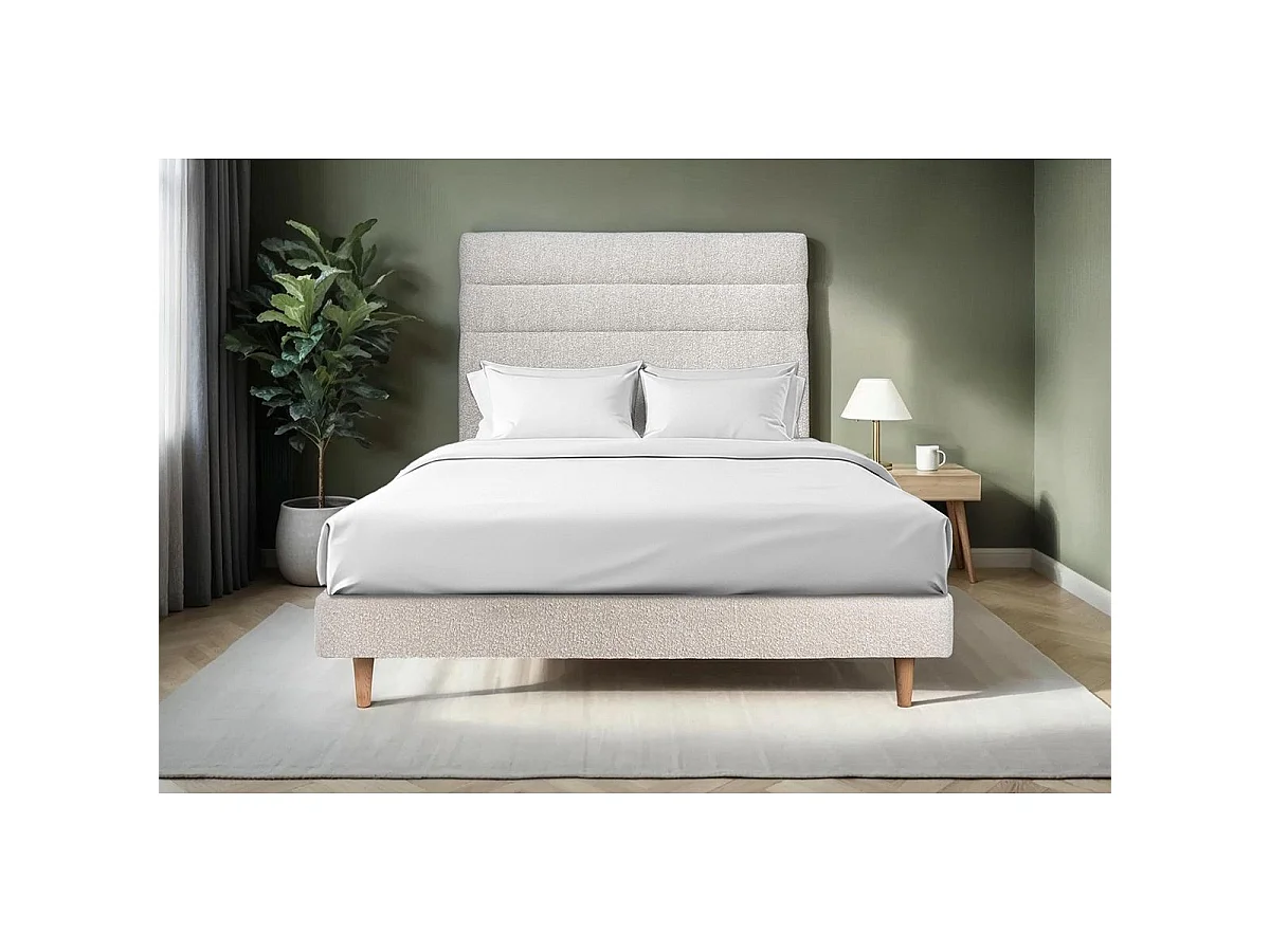 Lit 180x200cm avec tête de lit lignes bouclette et sommier kit Beige - Hauteur totale : 29cm