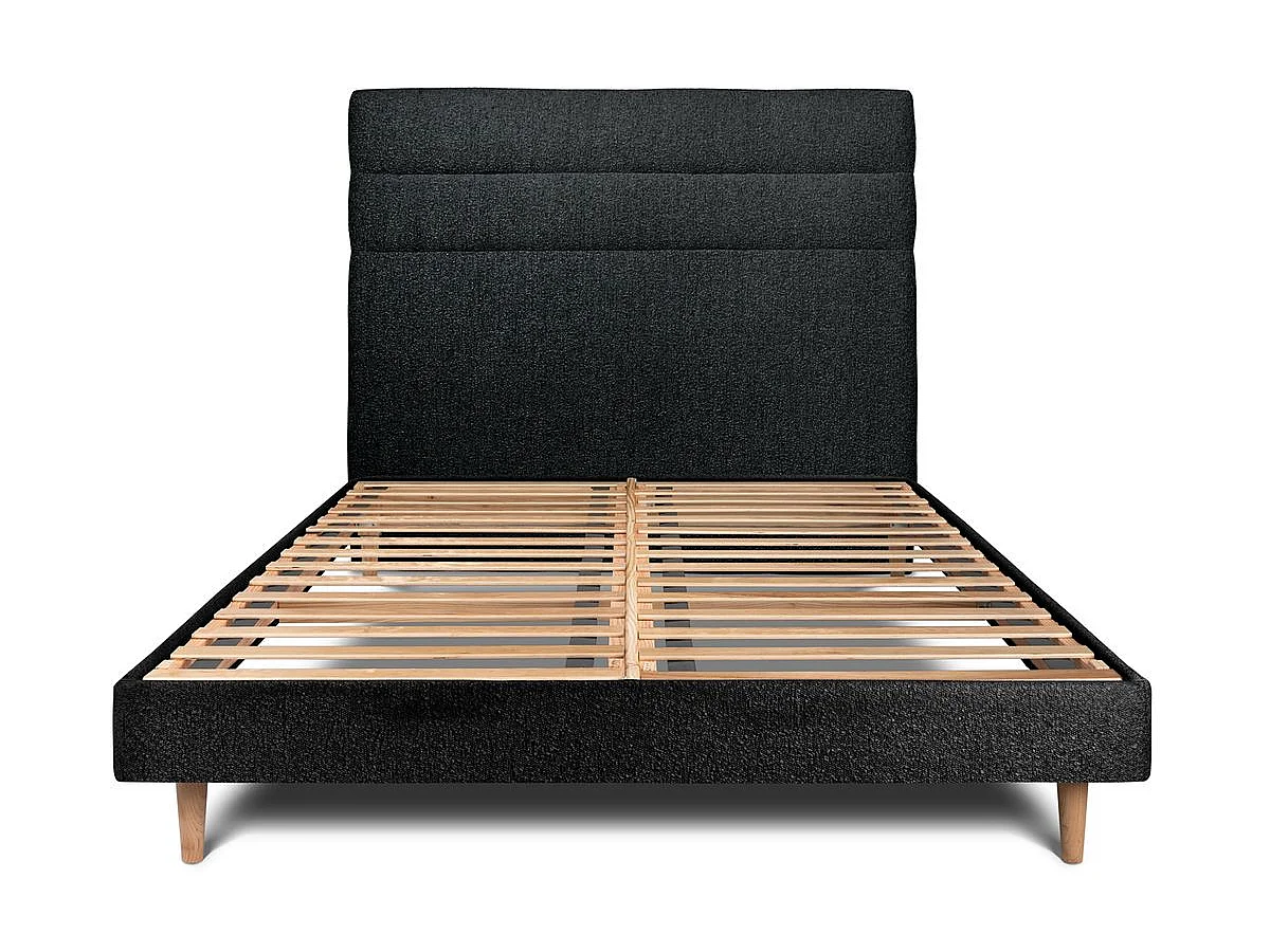 Lit 180x200cm avec tête de lit lignes bouclette et sommier kit Noir - Hauteur totale : 29cm