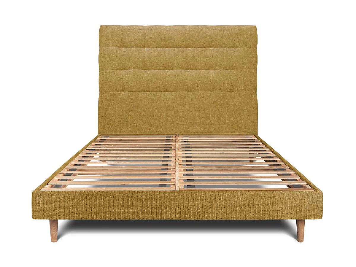 Lit 140x200cm avec tête de lit capitonnée tissu et sommier kit jaune - Hauteur totale : 29cm