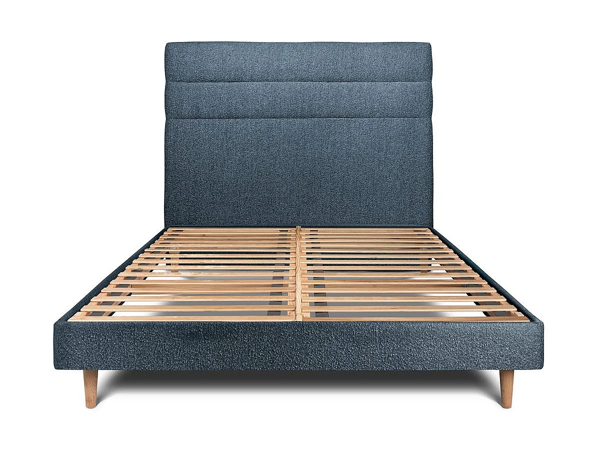 Lit 180x200cm avec tête de lit lignes bouclette et sommier kit Bleu - Hauteur totale : 29cm