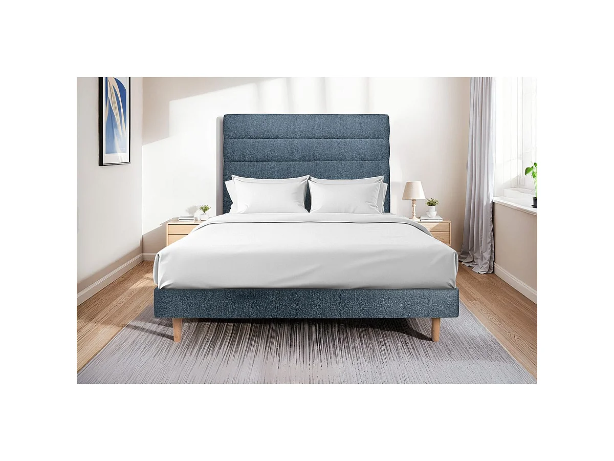Lit 180x200cm avec tête de lit lignes bouclette et sommier kit Bleu - Hauteur totale : 29cm