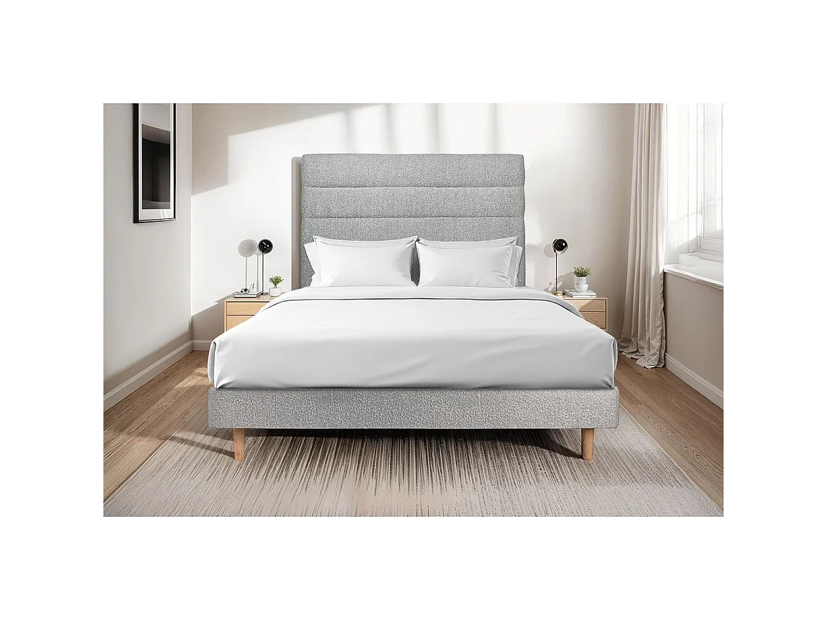 Lit 180x200cm avec tête de lit lignes bouclette et sommier kit Gris - Hauteur totale : 29cm