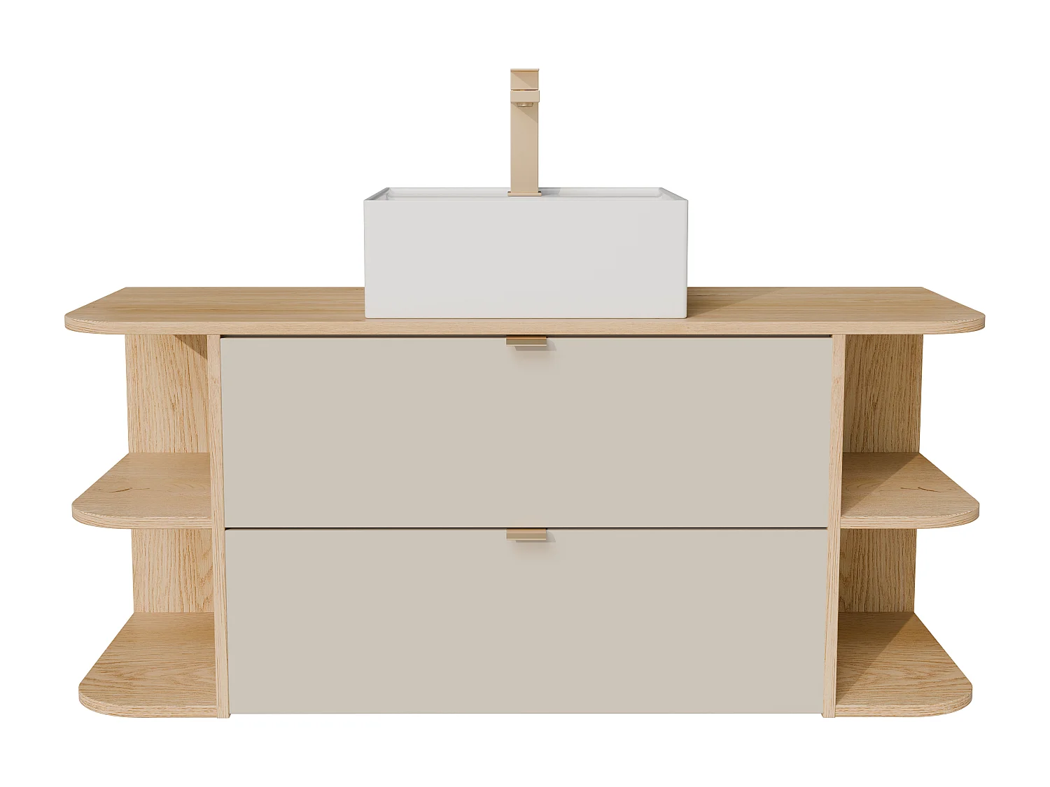 Meuble de salle de bain suspendu avec niches, vasque à poser carrée et robinet - Beige et naturel clair - 120 cm - LAVENA