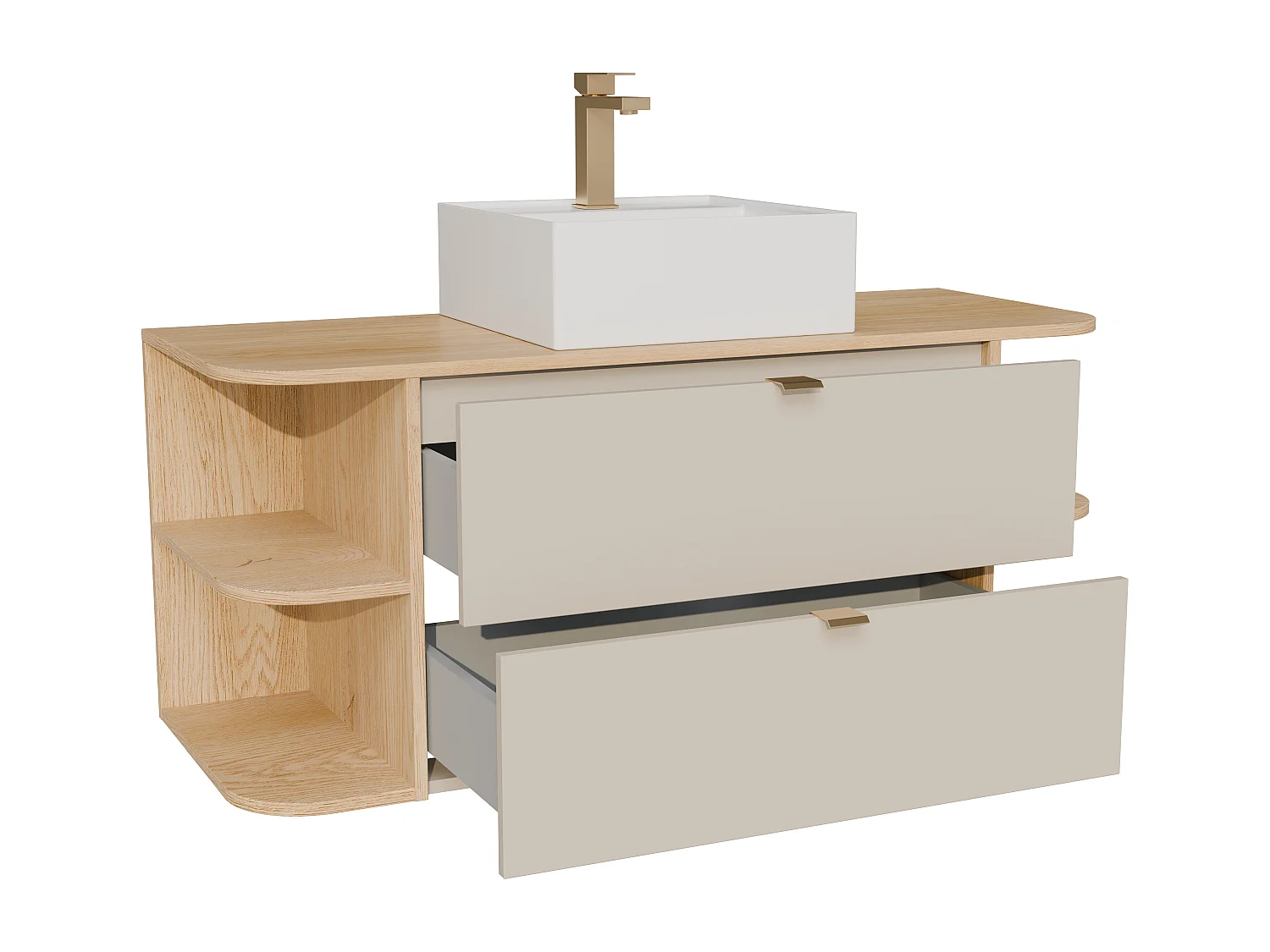 Meuble de salle de bain suspendu avec niches, vasque à poser carrée et robinet - Beige et naturel clair - 120 cm - LAVENA