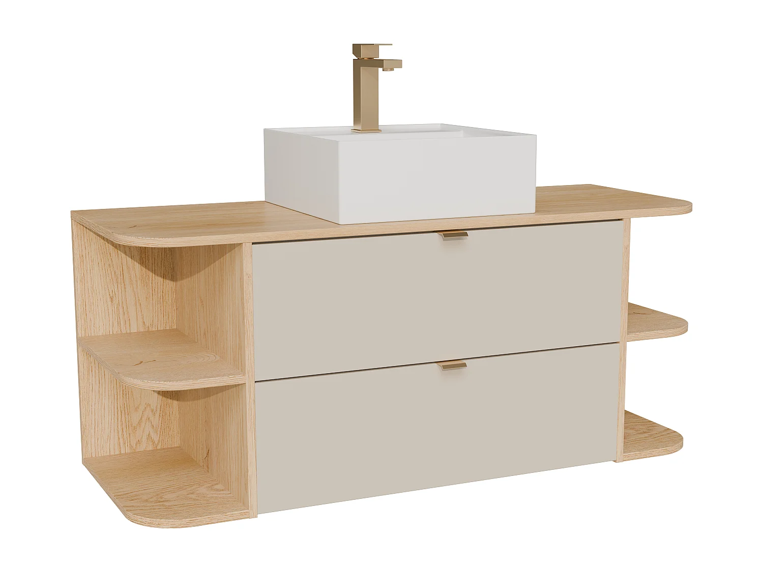 Meuble de salle de bain suspendu avec niches, vasque à poser carrée et robinet - Beige et naturel clair - 120 cm - LAVENA