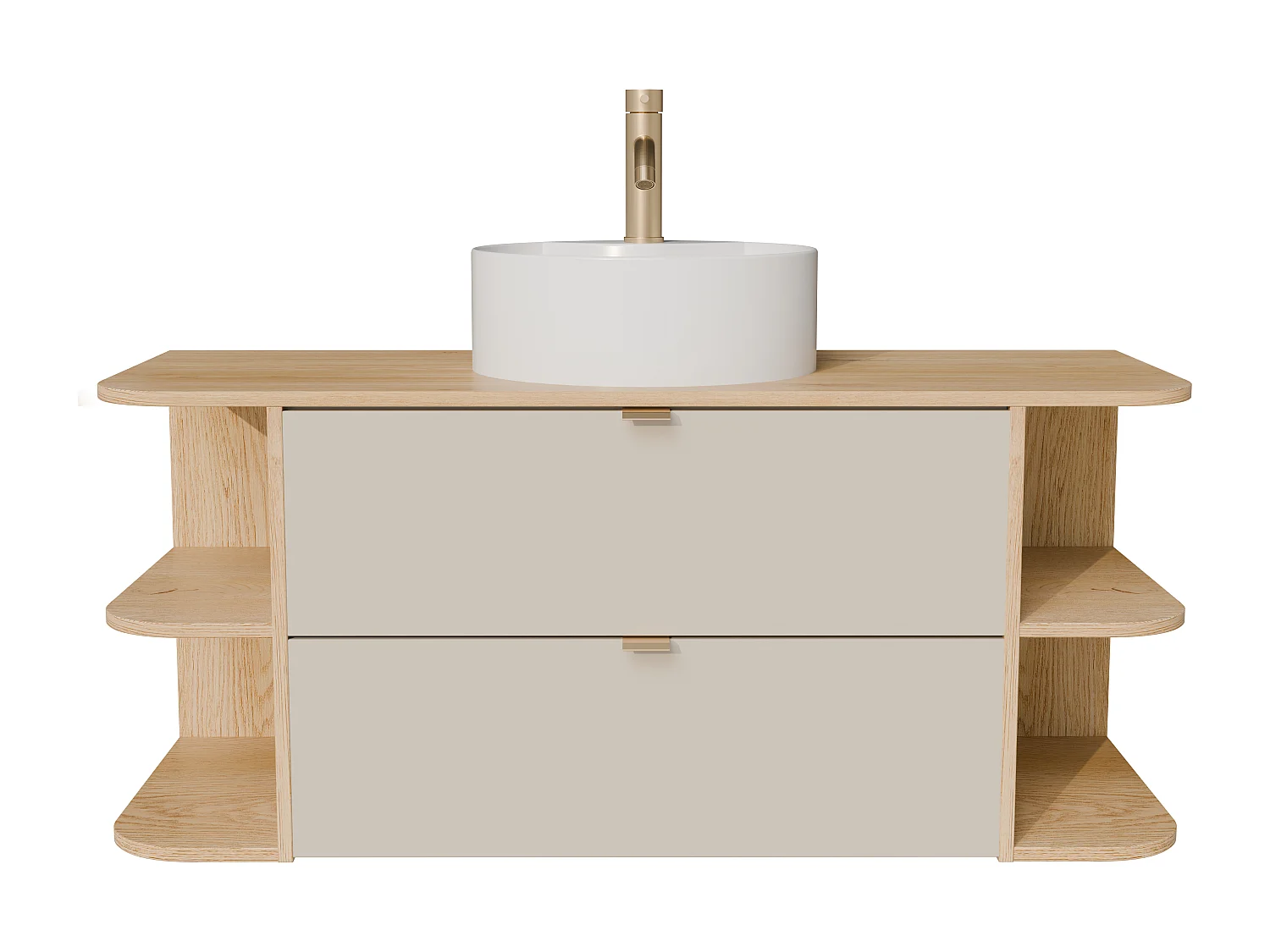Meuble de salle de bain suspendu avec niches, vasque à poser ronde et robinet - Beige et naturel clair - 120 cm - LAVENA