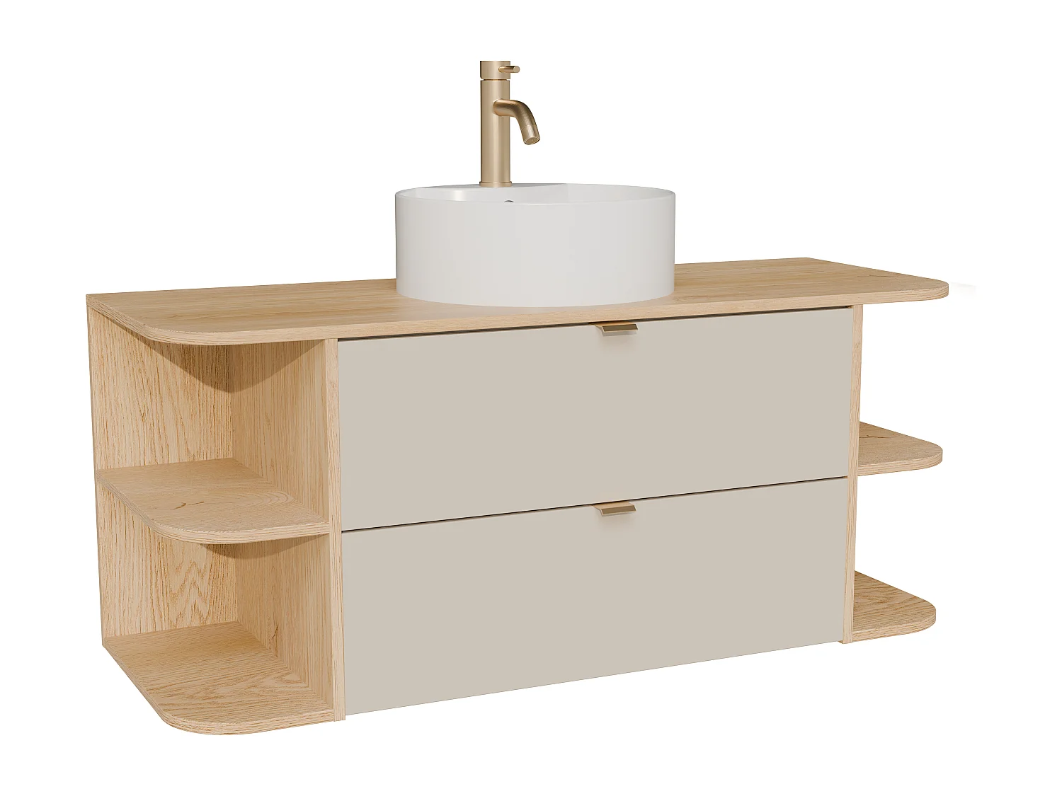 Meuble de salle de bain suspendu avec niches, vasque à poser ronde et robinet - Beige et naturel clair - 120 cm - LAVENA