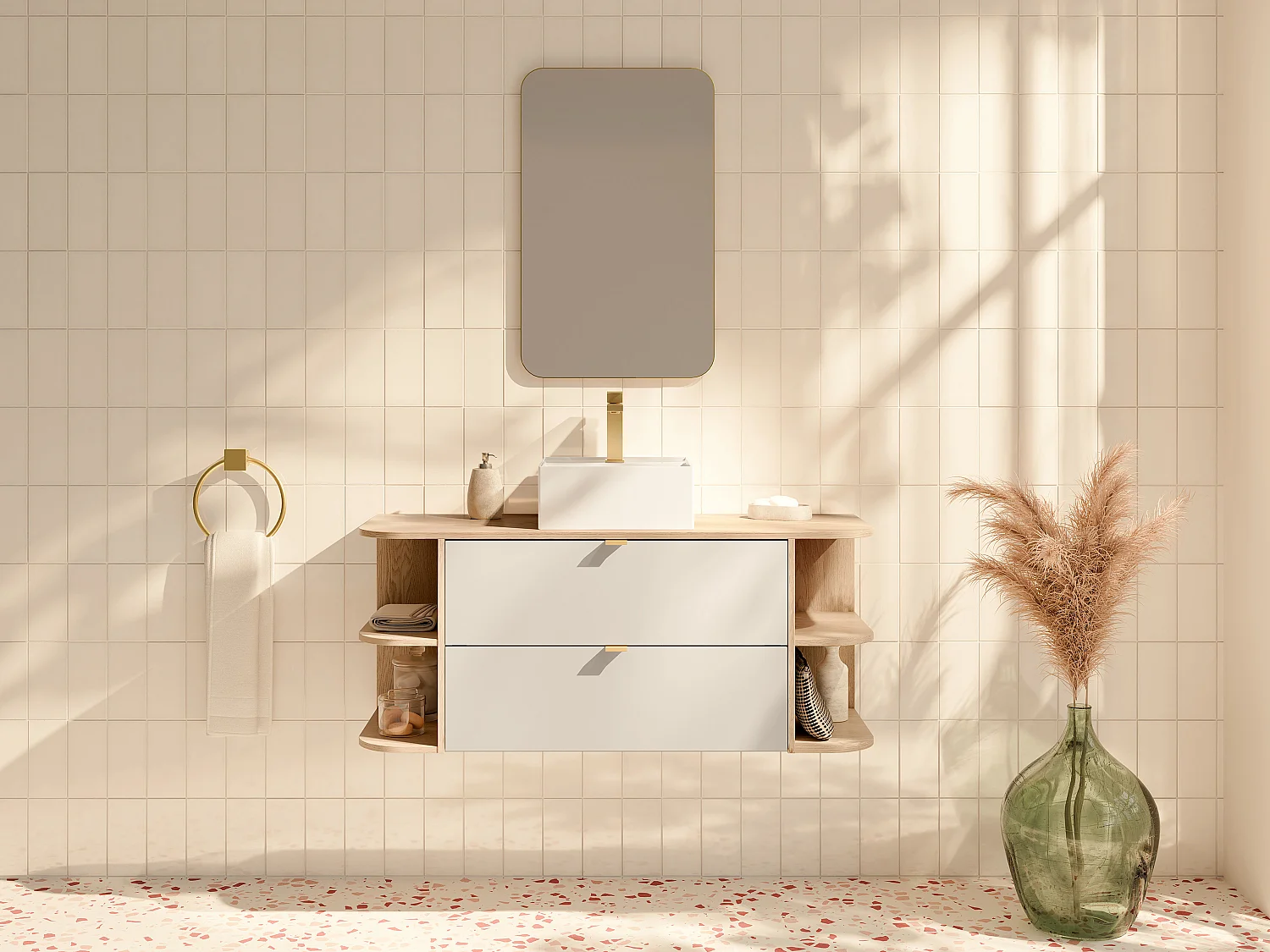 Meuble de salle de bain suspendu avec niches, vasque à poser carrée, robinet et miroir - Beige et naturel clair - 120 cm - LAVENA