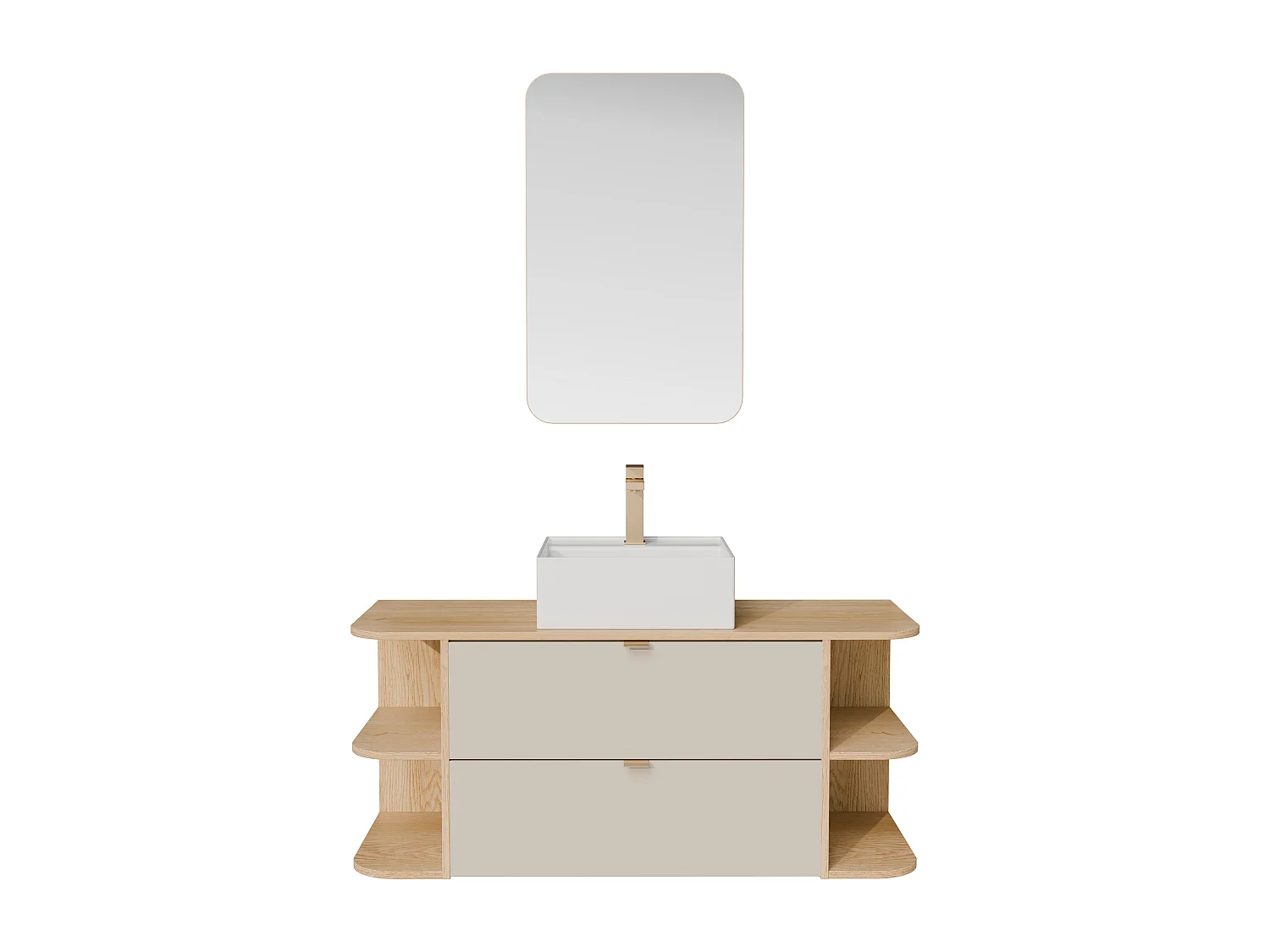 Meuble de salle de bain suspendu avec niches, vasque à poser carrée, robinet et miroir - Beige et naturel clair - 120 cm - LAVENA