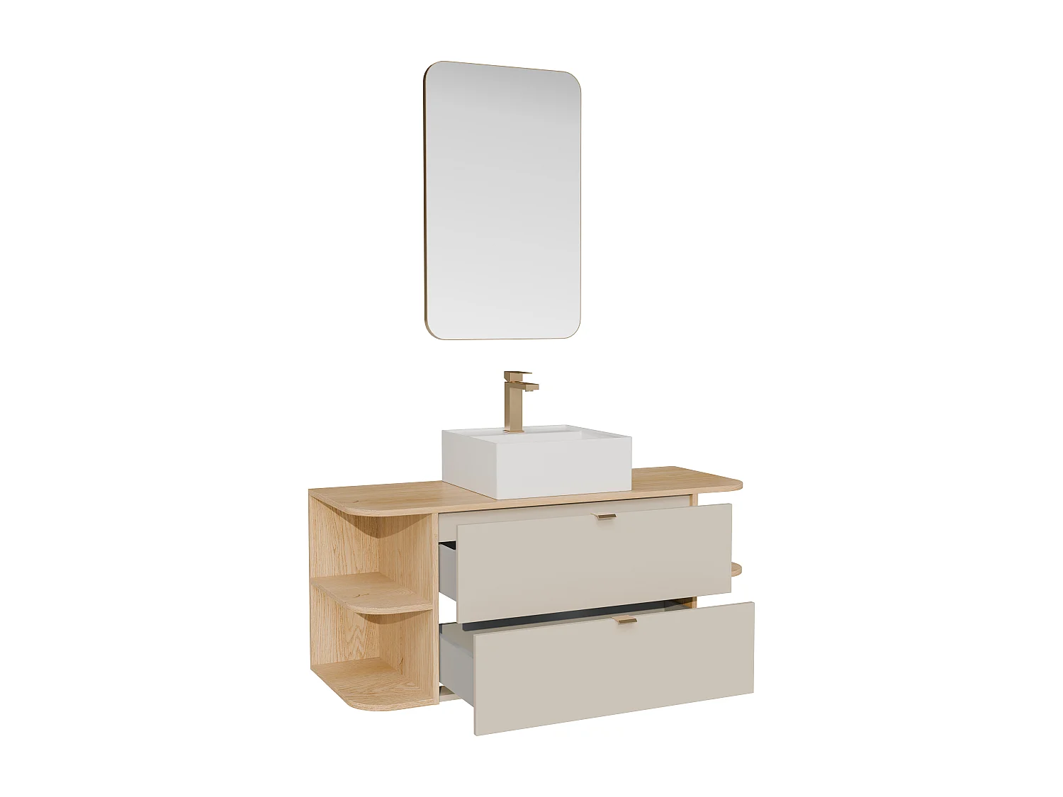 Meuble de salle de bain suspendu avec niches, vasque à poser carrée, robinet et miroir - Beige et naturel clair - 120 cm - LAVENA
