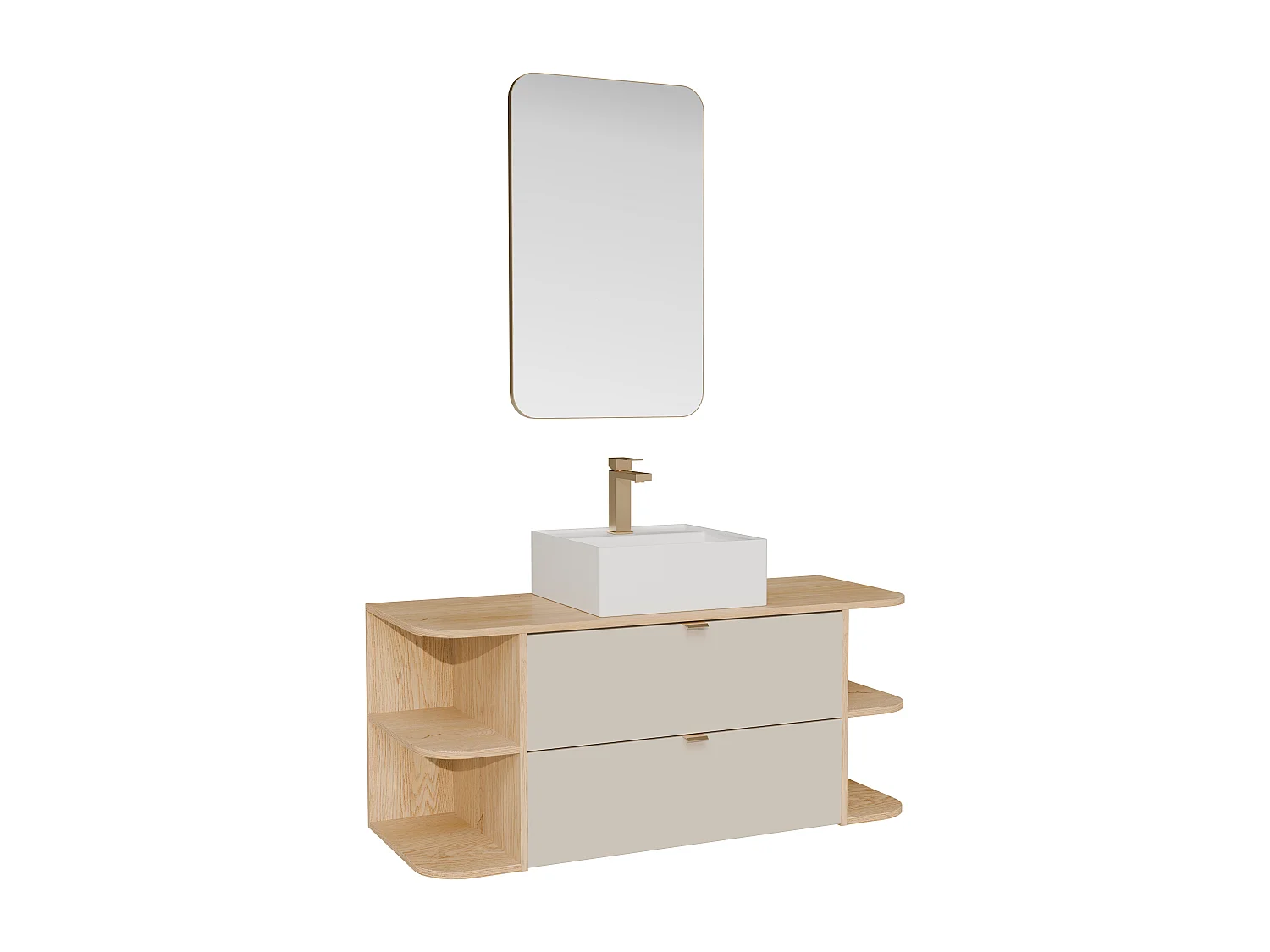 Meuble de salle de bain suspendu avec niches, vasque à poser carrée, robinet et miroir - Beige et naturel clair - 120 cm - LAVENA