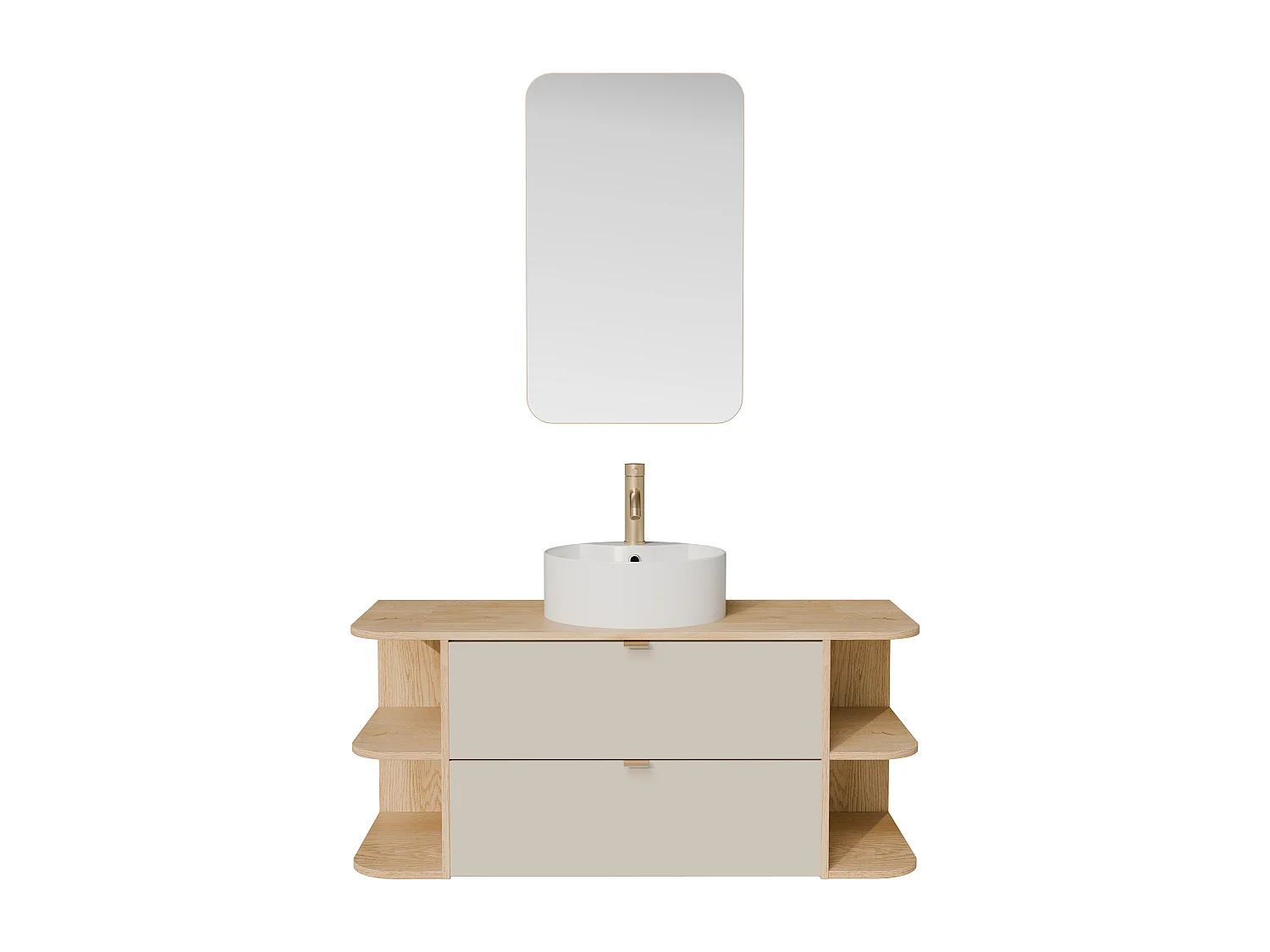 Meuble de salle de bain suspendu avec niches, vasque à poser ronde, robinet et miroir - Beige et naturel clair - 120 cm - LAVENA