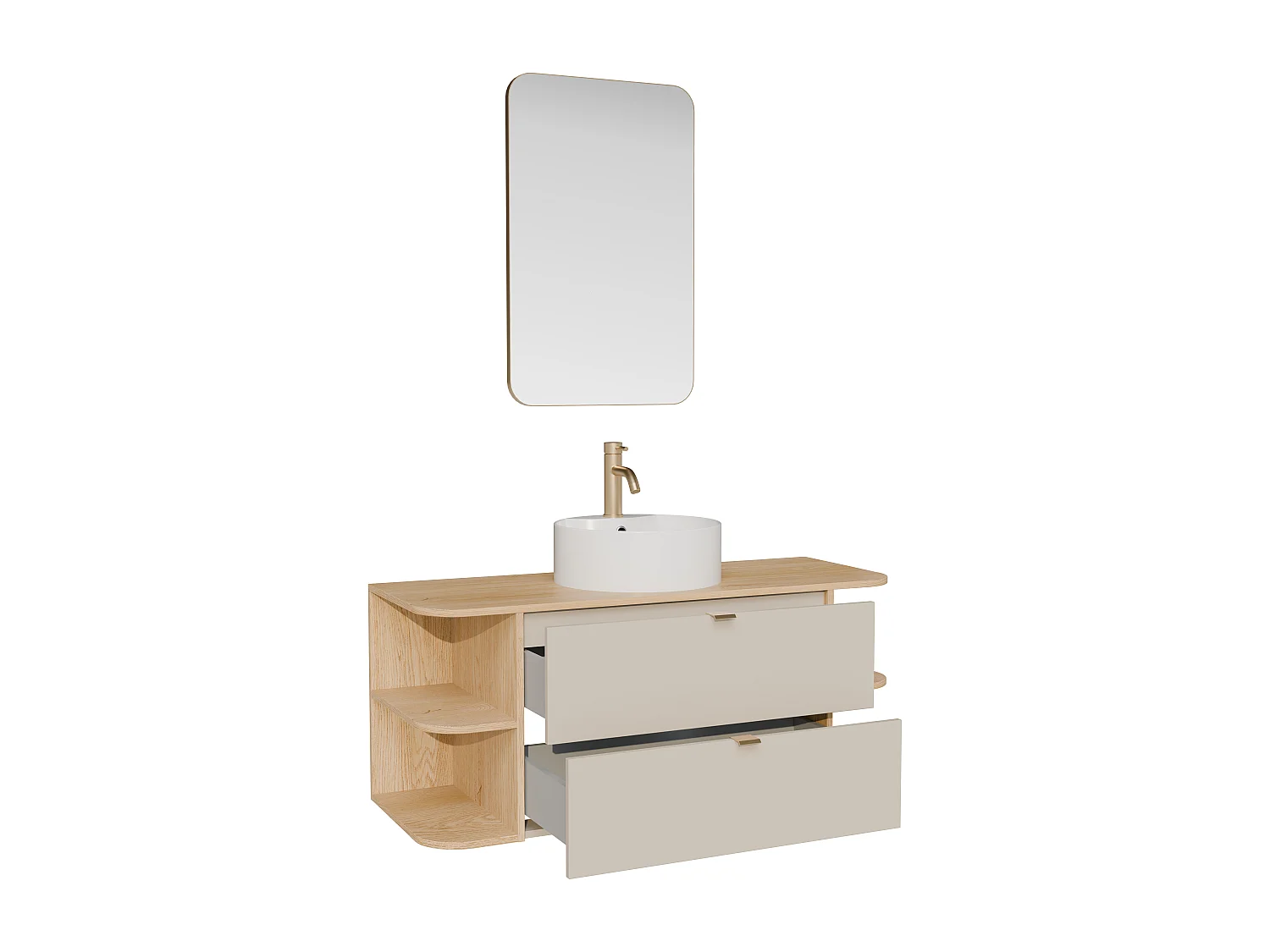 Meuble de salle de bain suspendu avec niches, vasque à poser ronde, robinet et miroir - Beige et naturel clair - 120 cm - LAVENA