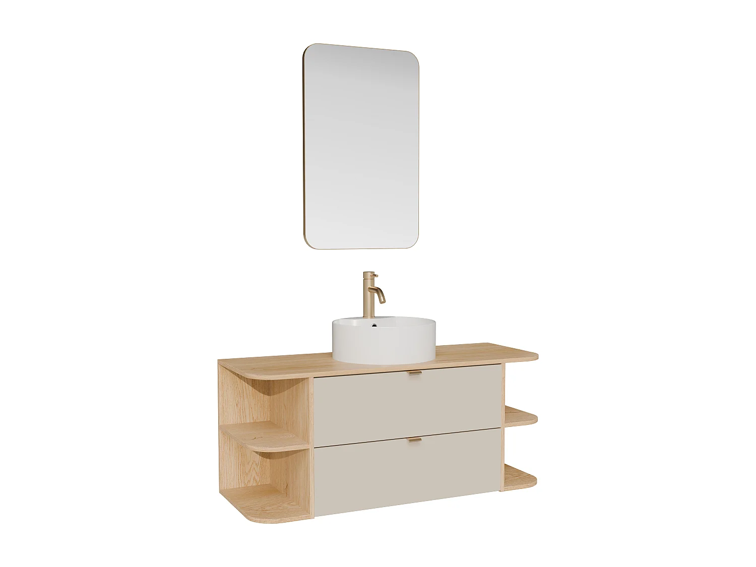 Meuble de salle de bain suspendu avec niches, vasque à poser ronde, robinet et miroir - Beige et naturel clair - 120 cm - LAVENA