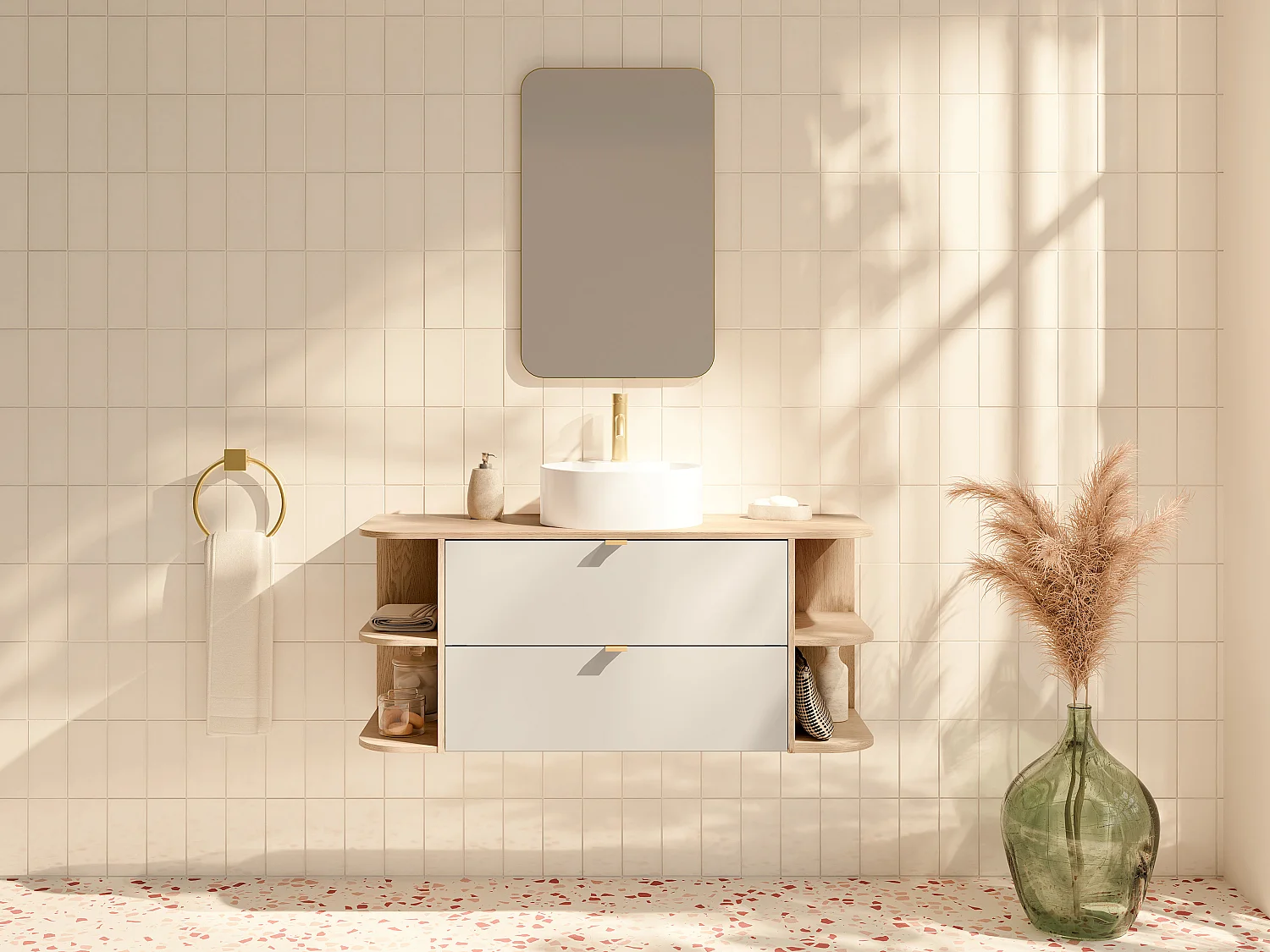 Meuble de salle de bain suspendu avec niches, vasque à poser ronde, robinet et miroir - Beige et naturel clair - 120 cm - LAVENA