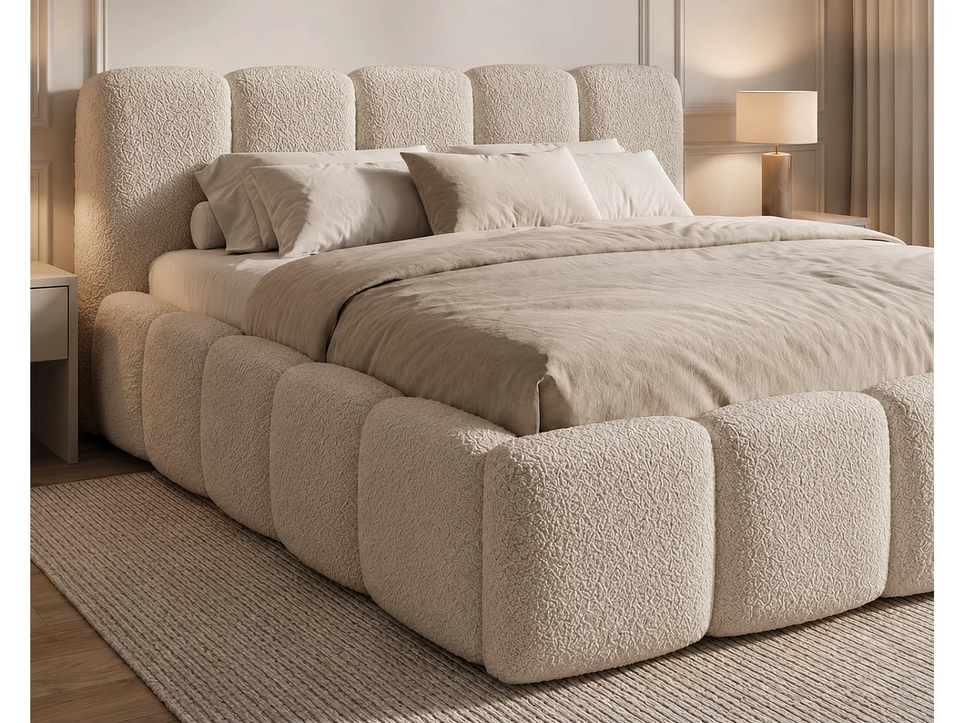 Polsterbett 180x200 Vorello mit Bettkasten, Metalllattenrost, Wolkenbett, Bouclé-Stoff, Beige