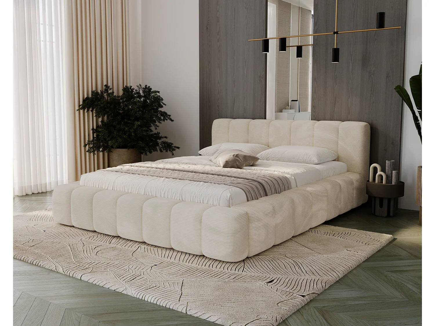 Cord-Doppelbett 180x200 Bolonia - mit Bettkasten und Holzlattenrost, Bett Beige