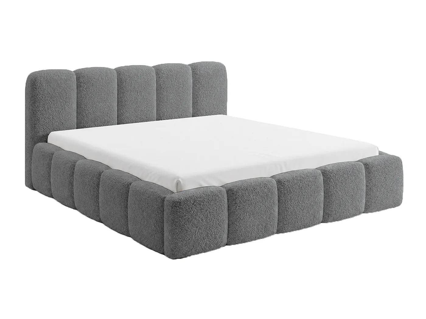 Lit bouclé 180x200 Vorello avec coffre de rangement, sommier en bois, style nuage, gris