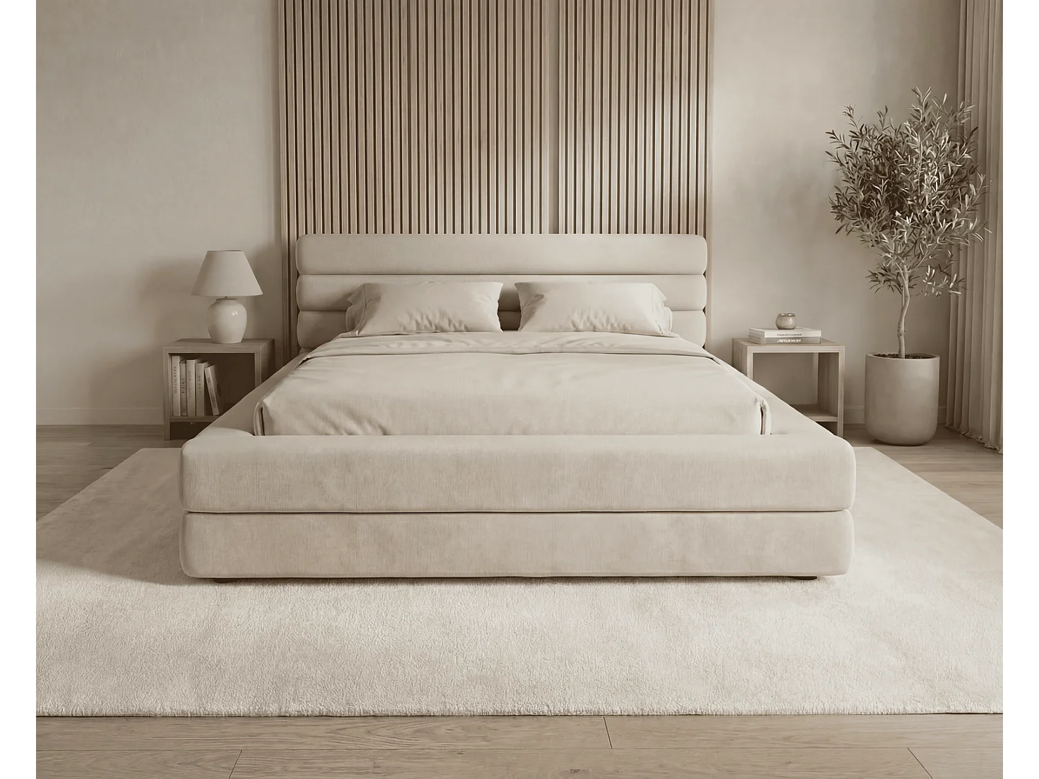 Polsterbett 180x200 cm Elias mit Bettkasten, modernes Design, Metalllattenrost - Beige