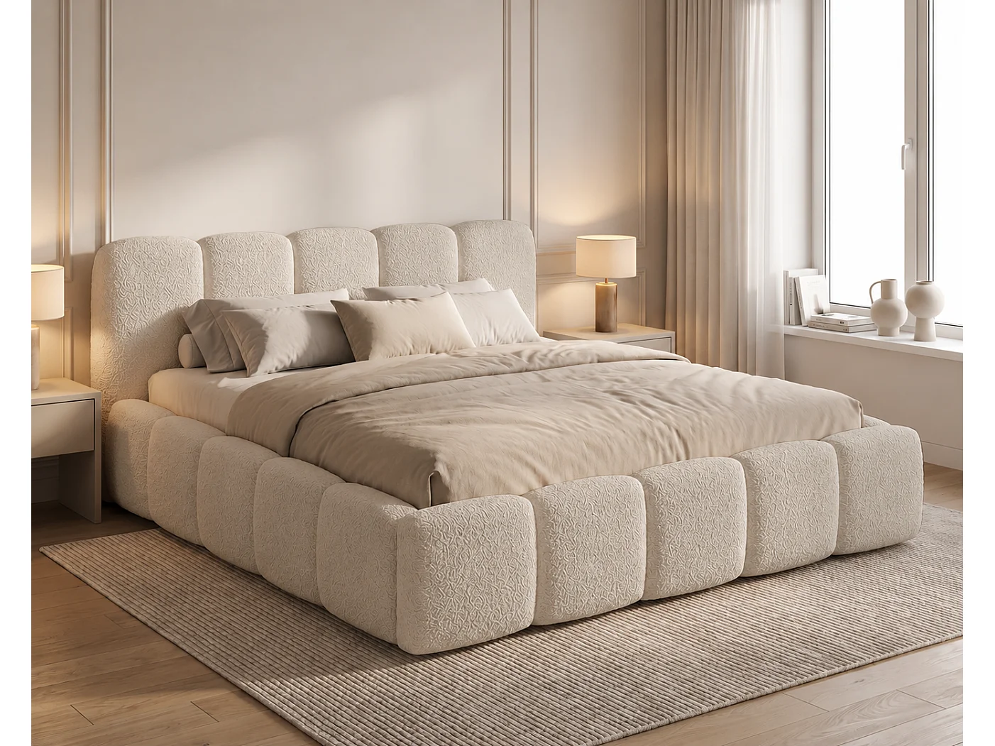 Lit bouclé 180x200 Vorello avec coffre de rangement, sommier en bois, style nuage, beige