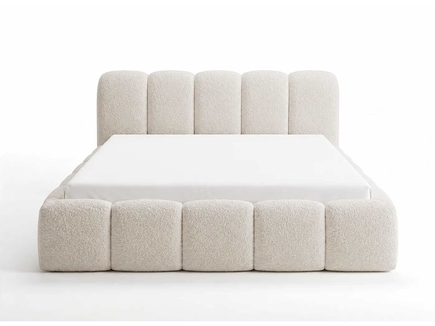 Lit bouclé 180x200 Vorello avec coffre de rangement, sommier en bois, style nuage, beige