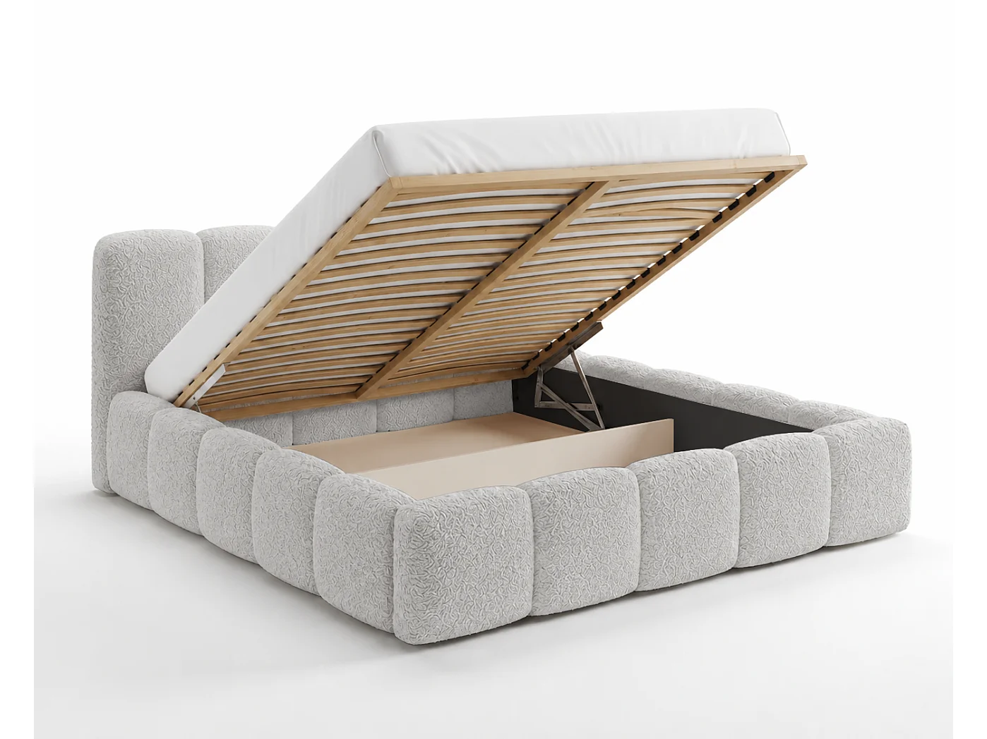 Lit bouclé 160x200 Vorello avec coffre de rangement, sommier en bois, style nuage, gris clair