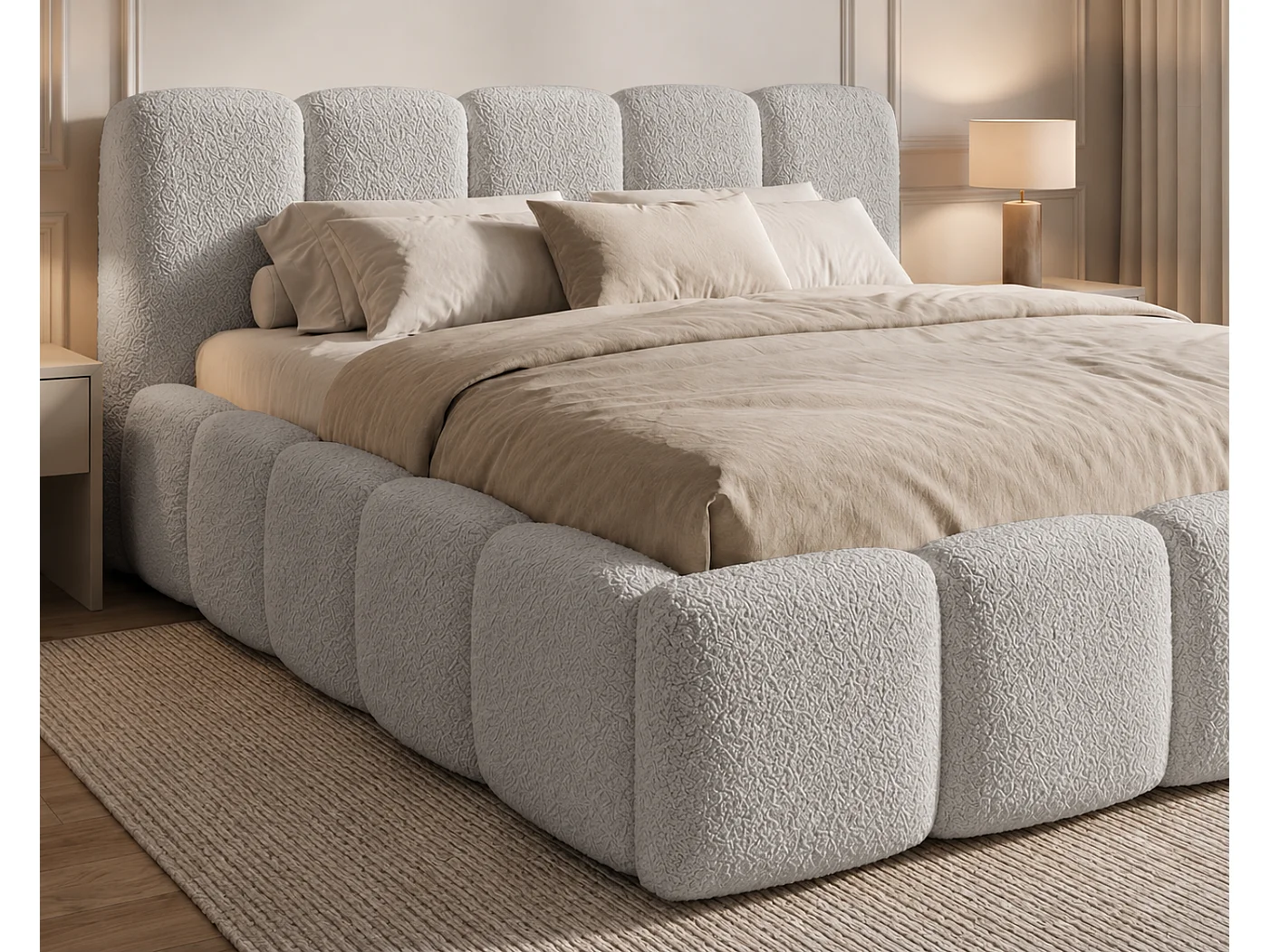 Lit bouclé 140x200 Vorello avec coffre de rangement, sommier en bois, style nuage, gris clair