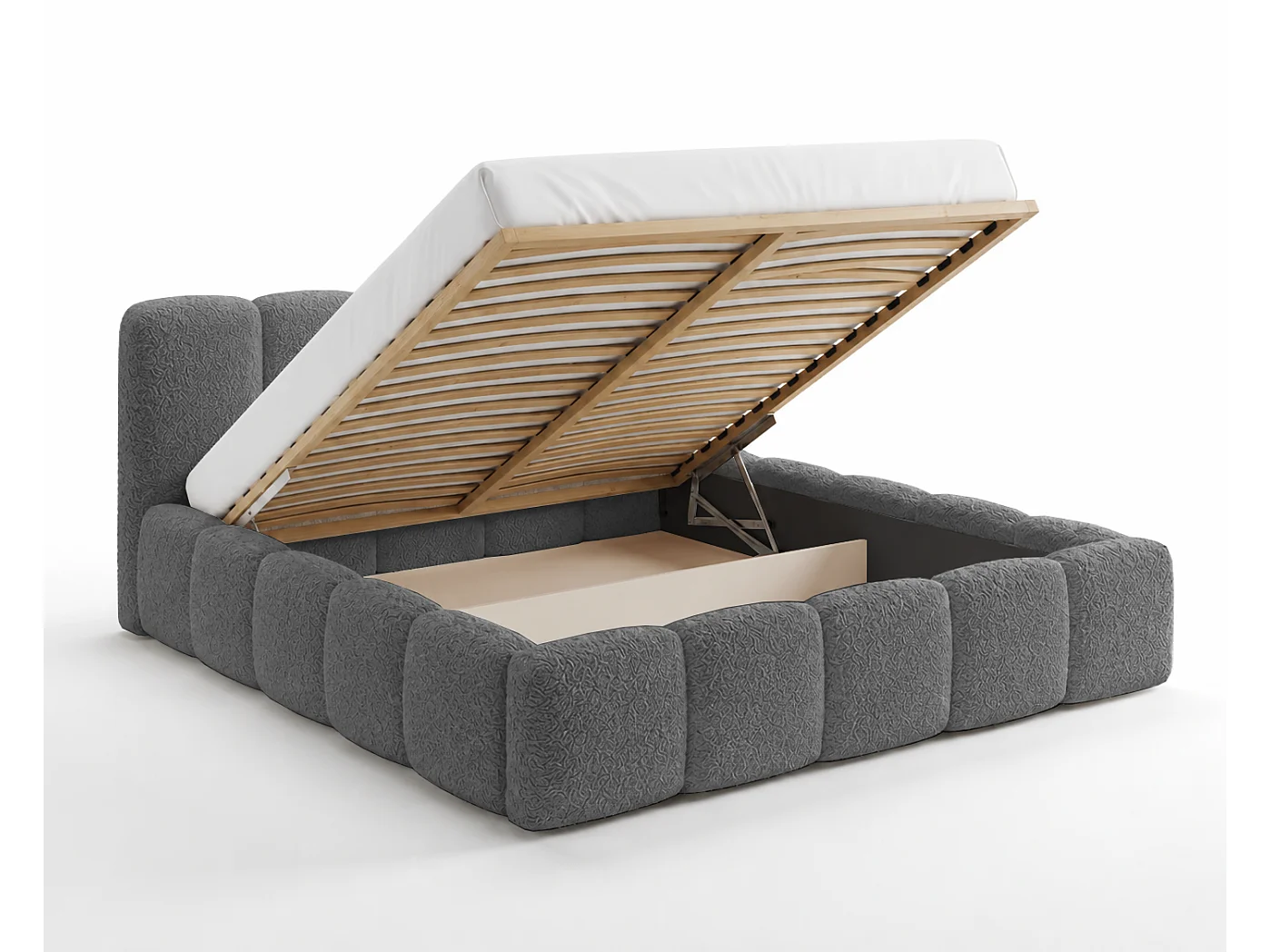 Lit bouclé 140x200 Vorello avec coffre de rangement, sommier en bois, style nuage, gris
