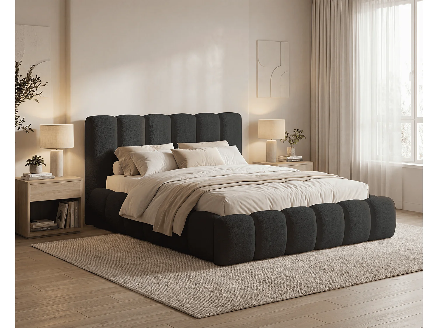Lit rembourré bouclé 160x200 Aurelis avec coffre de rangement et sommier en bois - lit nuage, noir