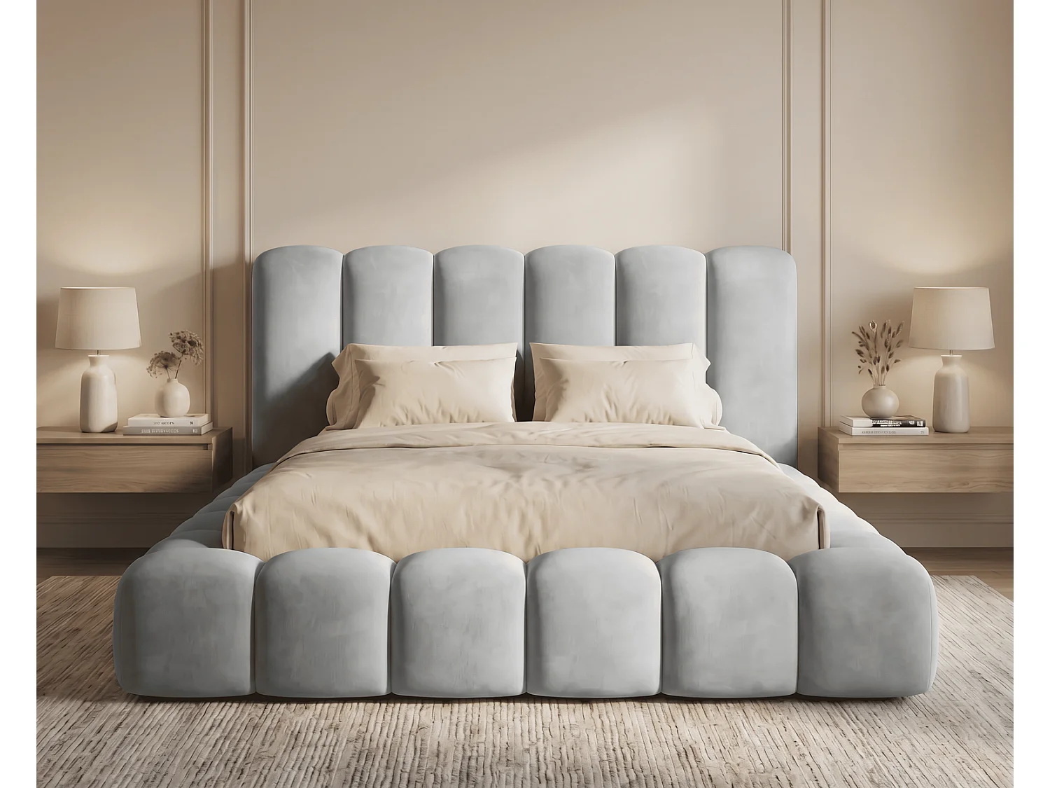 Lit coffre 140x200 Selvo, lit capitonné style nuage, mousse épaisse, sommier en bois, gris