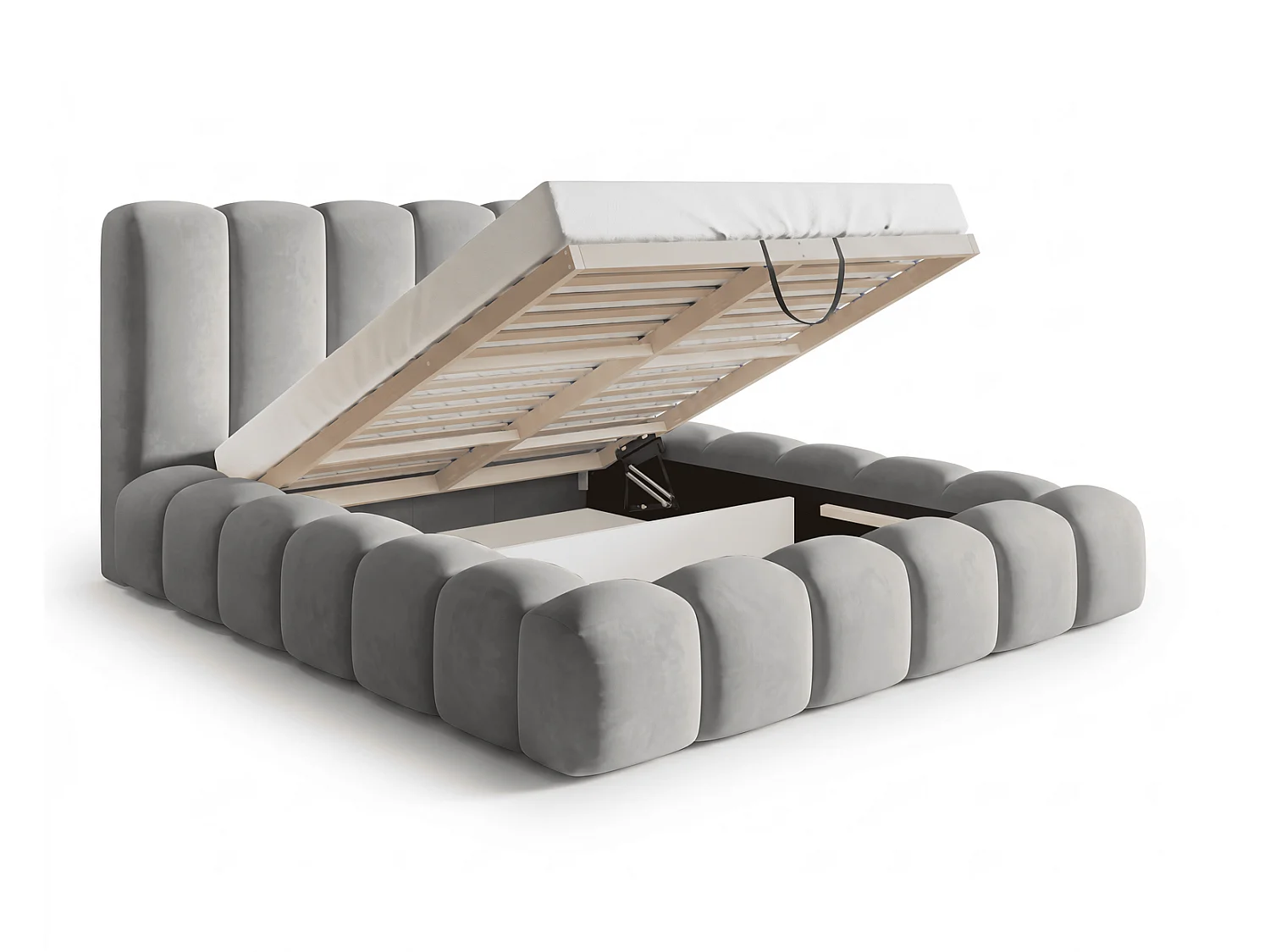 Lit coffre 140x200 Selvo, lit capitonné style nuage, mousse épaisse, sommier en bois, gris