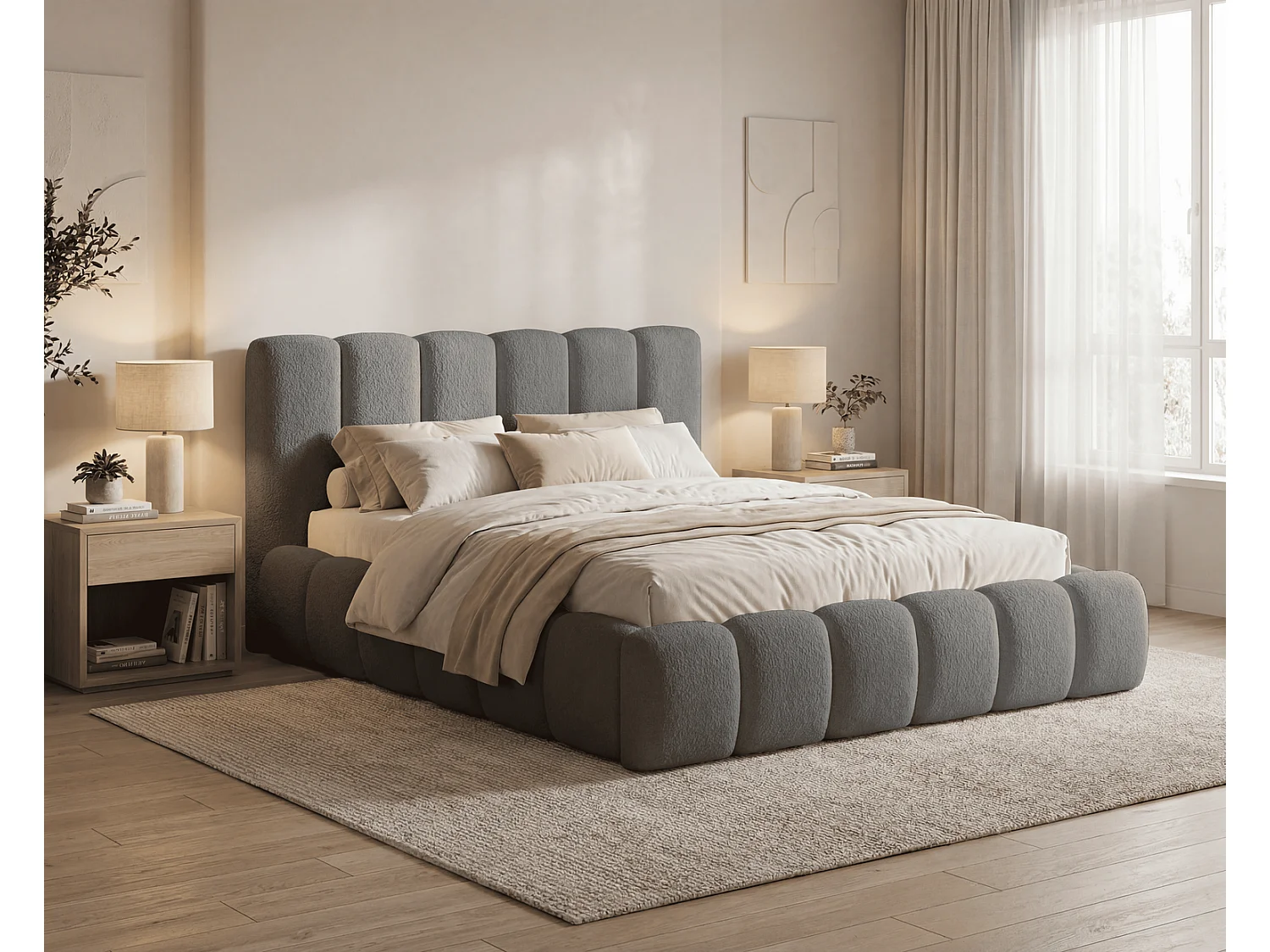 Lit rembourré bouclé 180x200 Aurelis avec coffre de rangement et sommier en bois - lit nuage, gris