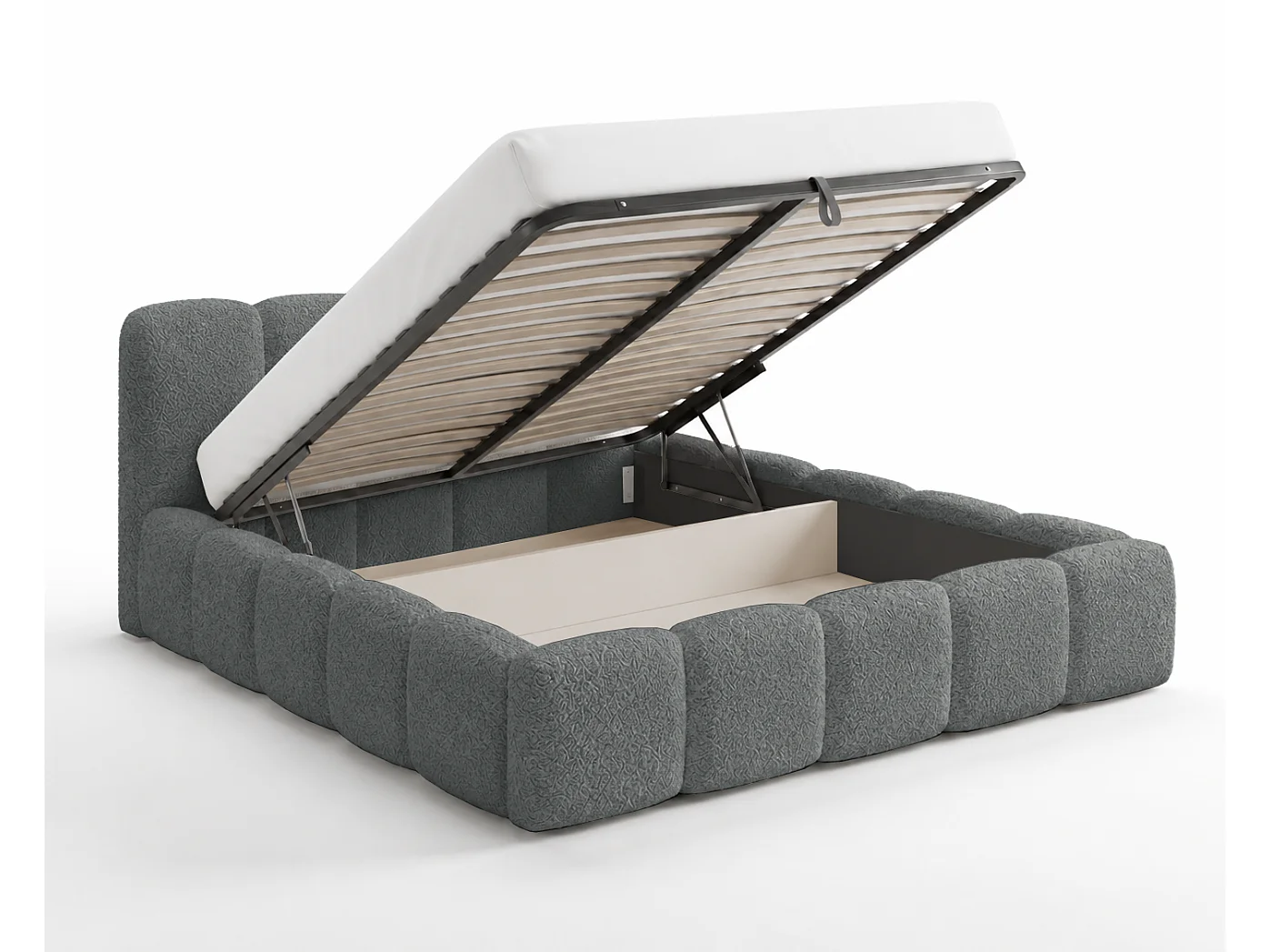 Polsterbett 160x200 Vorello mit Bettkasten, Metalllattenrost, Wolkenbett, Bouclé-Stoff, Grau