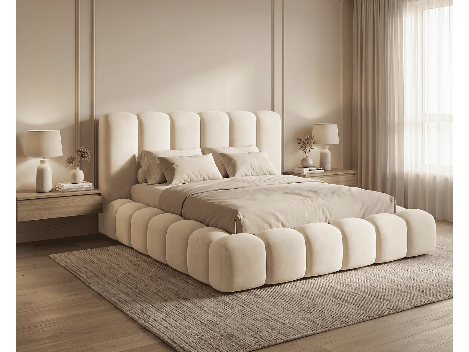 Lit coffre 160x200 Selvo, lit capitonné style nuage, mousse épaisse, sommier en bois, beige